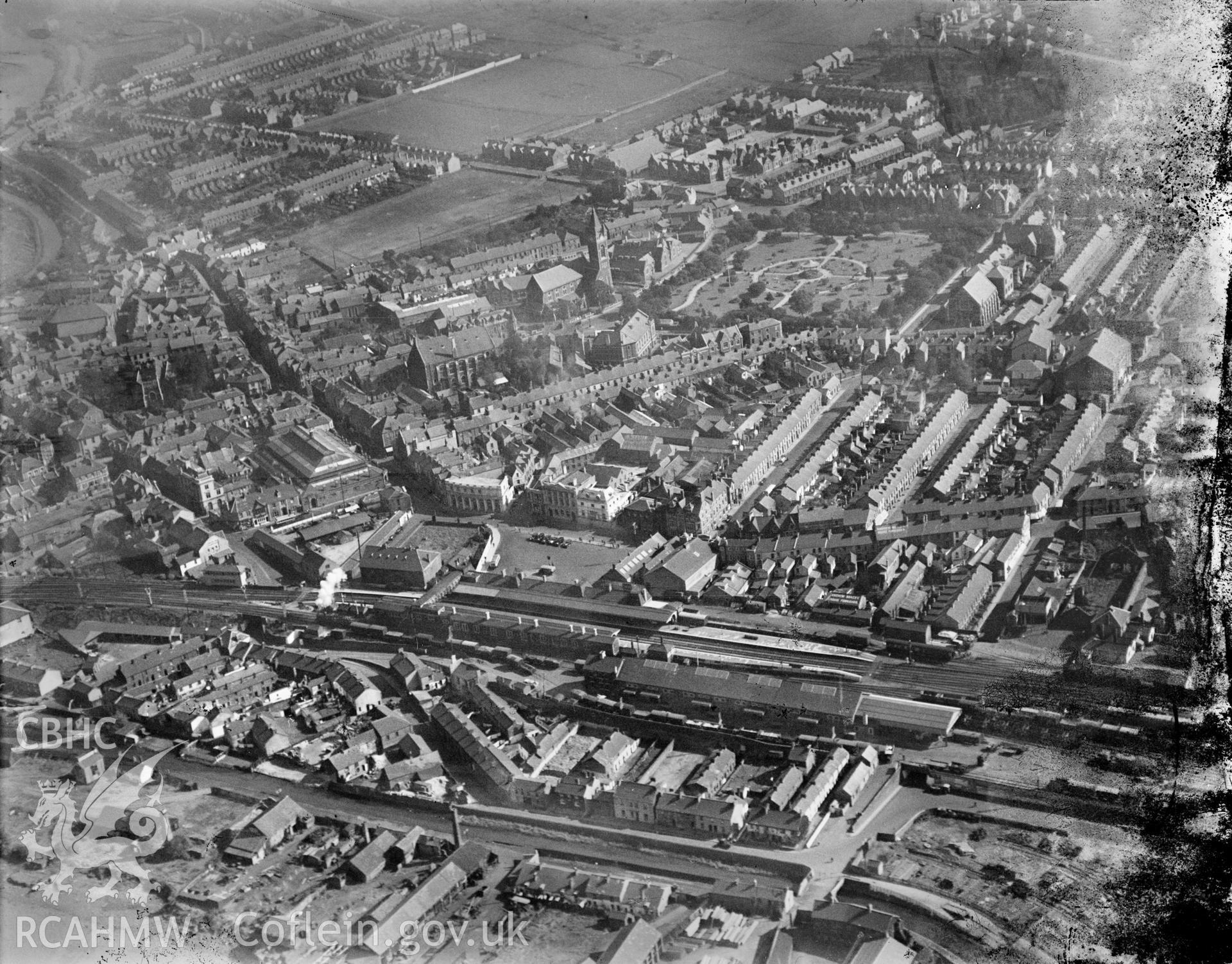 View of Neath, oblique aerial view. 5?x4? black and white glass plate negative.