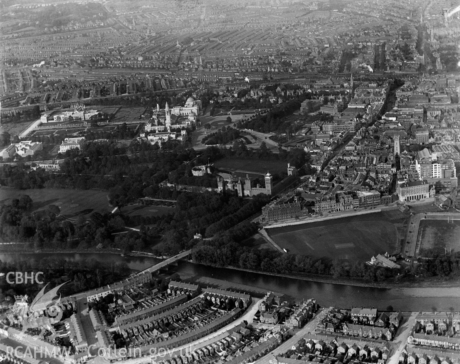 View of Cardiff showing Cathays Park and Civic Centre, oblique aerial view. 5?x4? black and white glass plate negative.