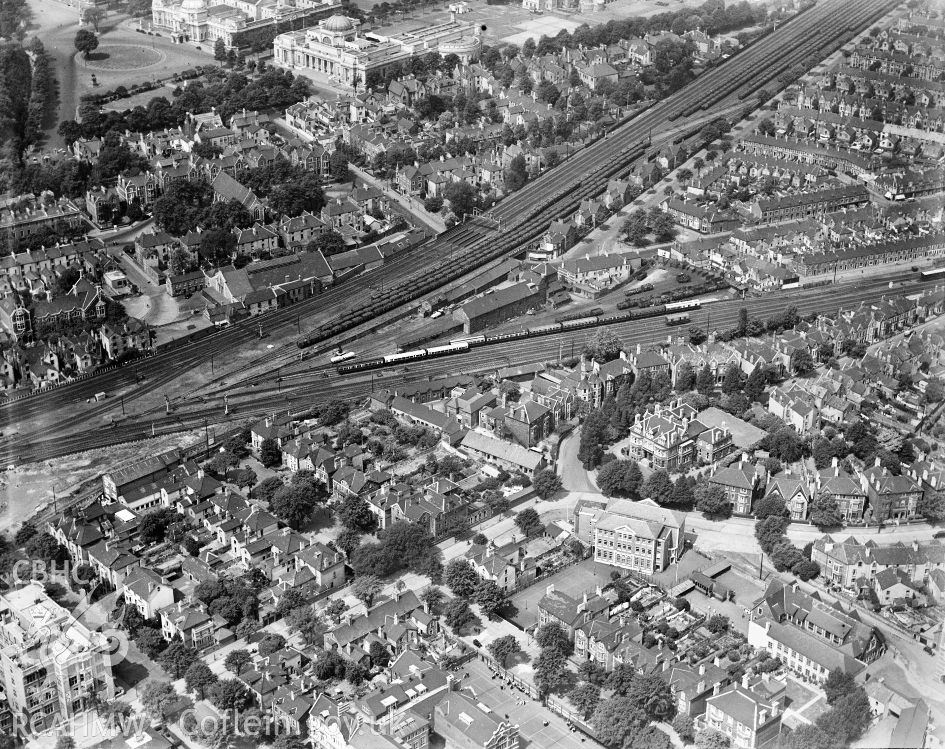 View of central Cardiff, showing Heathfield House catholic school, Mansion House and the Prince of Wales hospital, oblique aerial view. 5?x4? black and white glass plate negative.