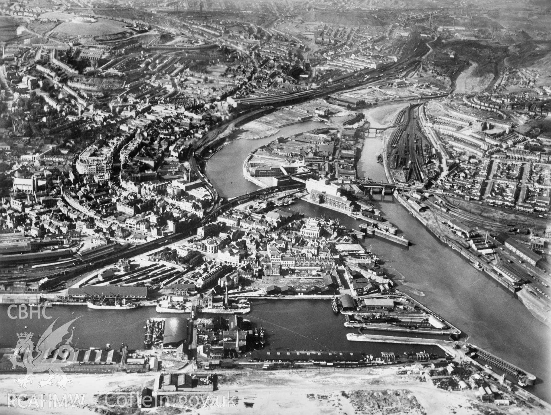 View of Swansea showing docks. Oblique aerial photograph, 5?x4? BW glass plate.