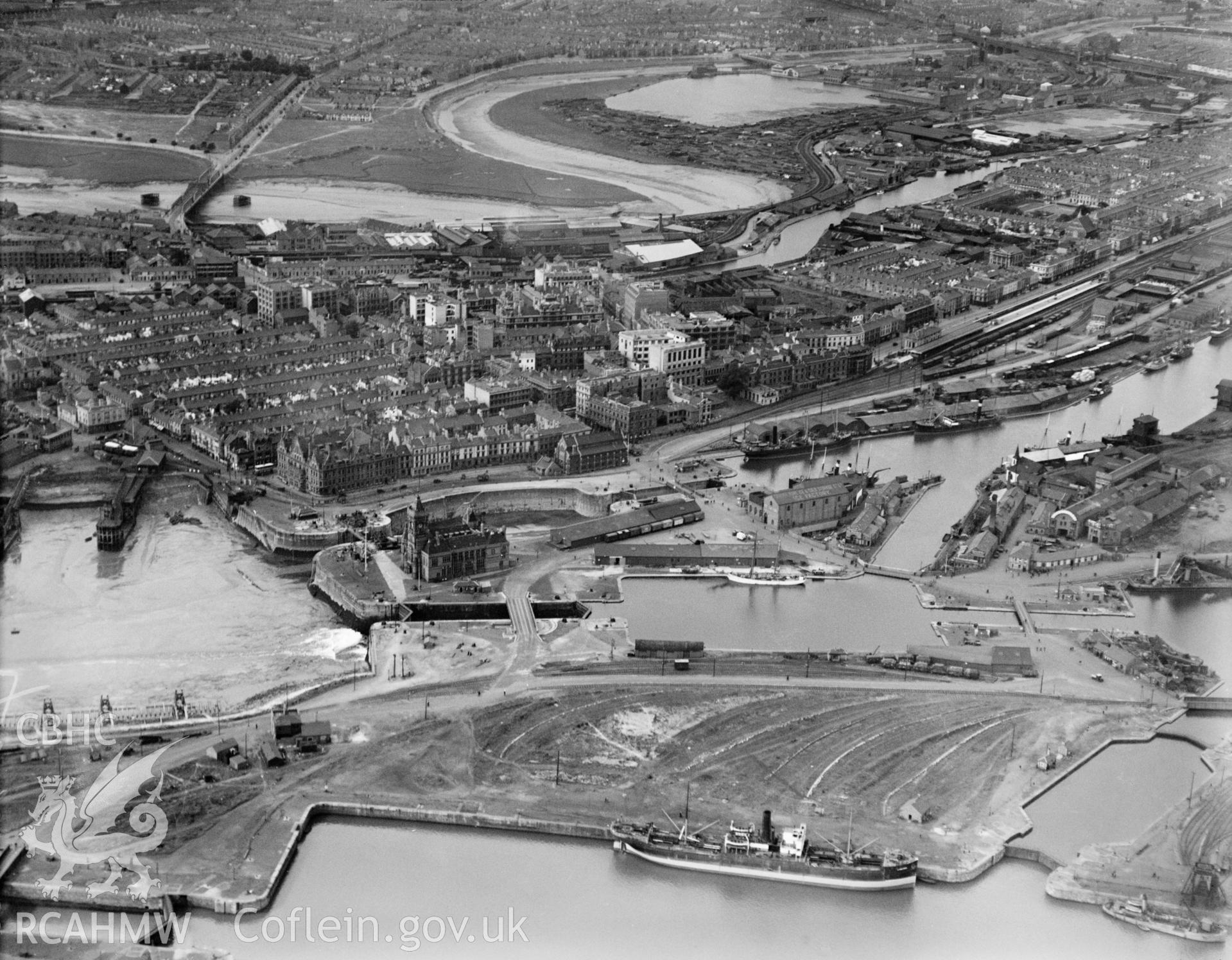 Butetown, Cardiff, showing docks, oblique aerial view. 5?x4? black and white glass plate negative.