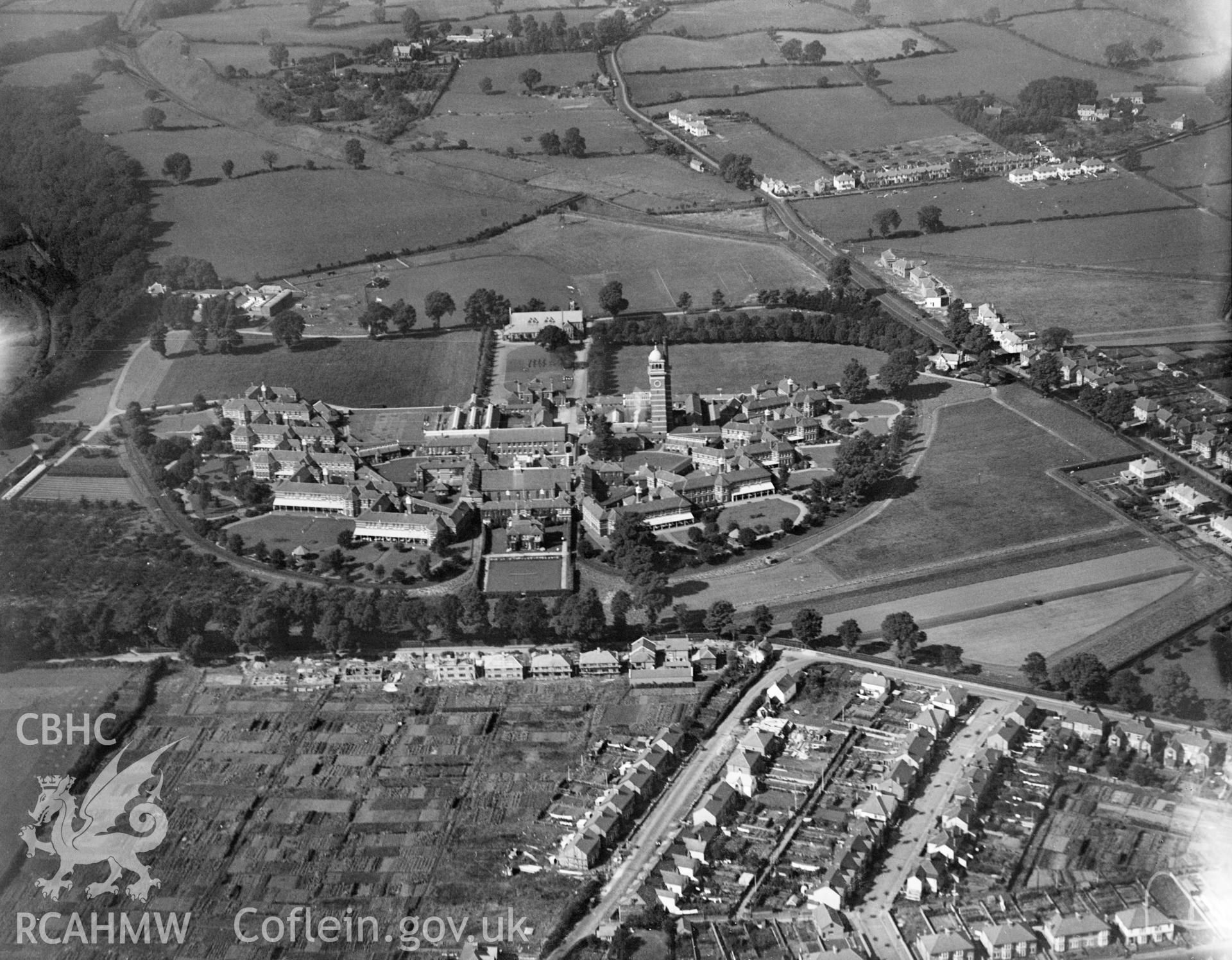 Cardiff City Mental Hospital, Whitchurch, oblique aerial view. 5?x4? black and white glass plate negative.