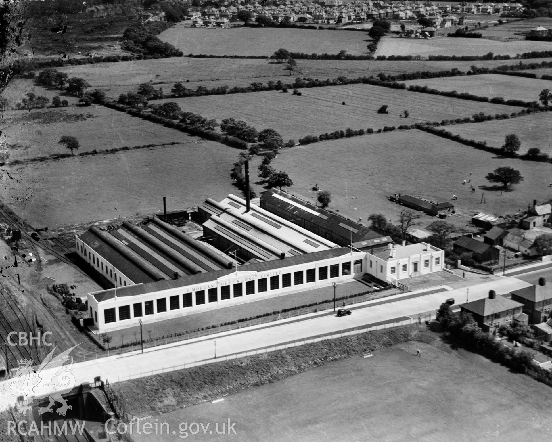 View of W. Morgan Rees & Sons Ltd. Works at Whitchurch, oblique aerial view. 5?x4? black and white glass plate negative.