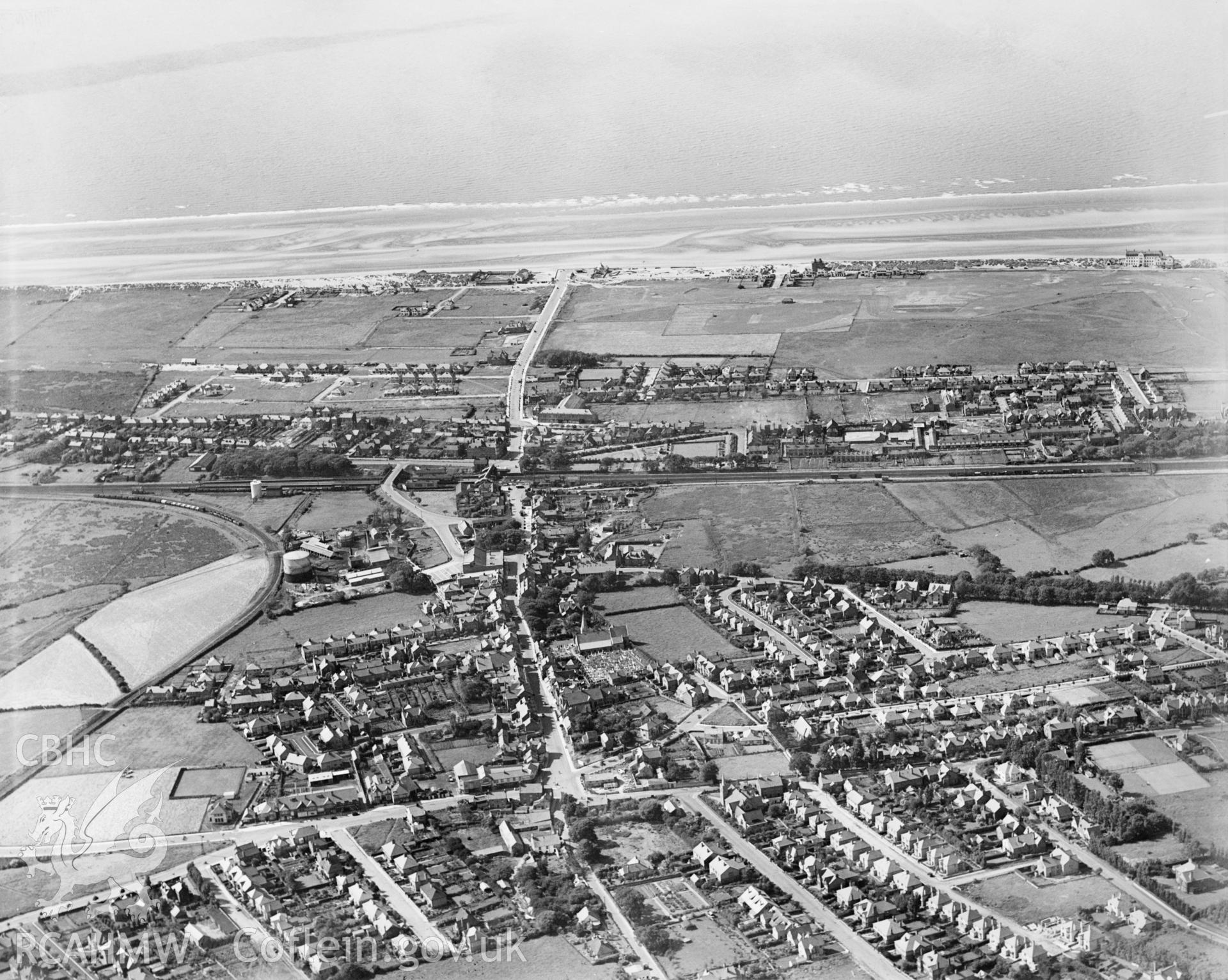 View of Prestatyn showing interwar housing, oblique aerial view. 5?x4? black and white glass plate negative.