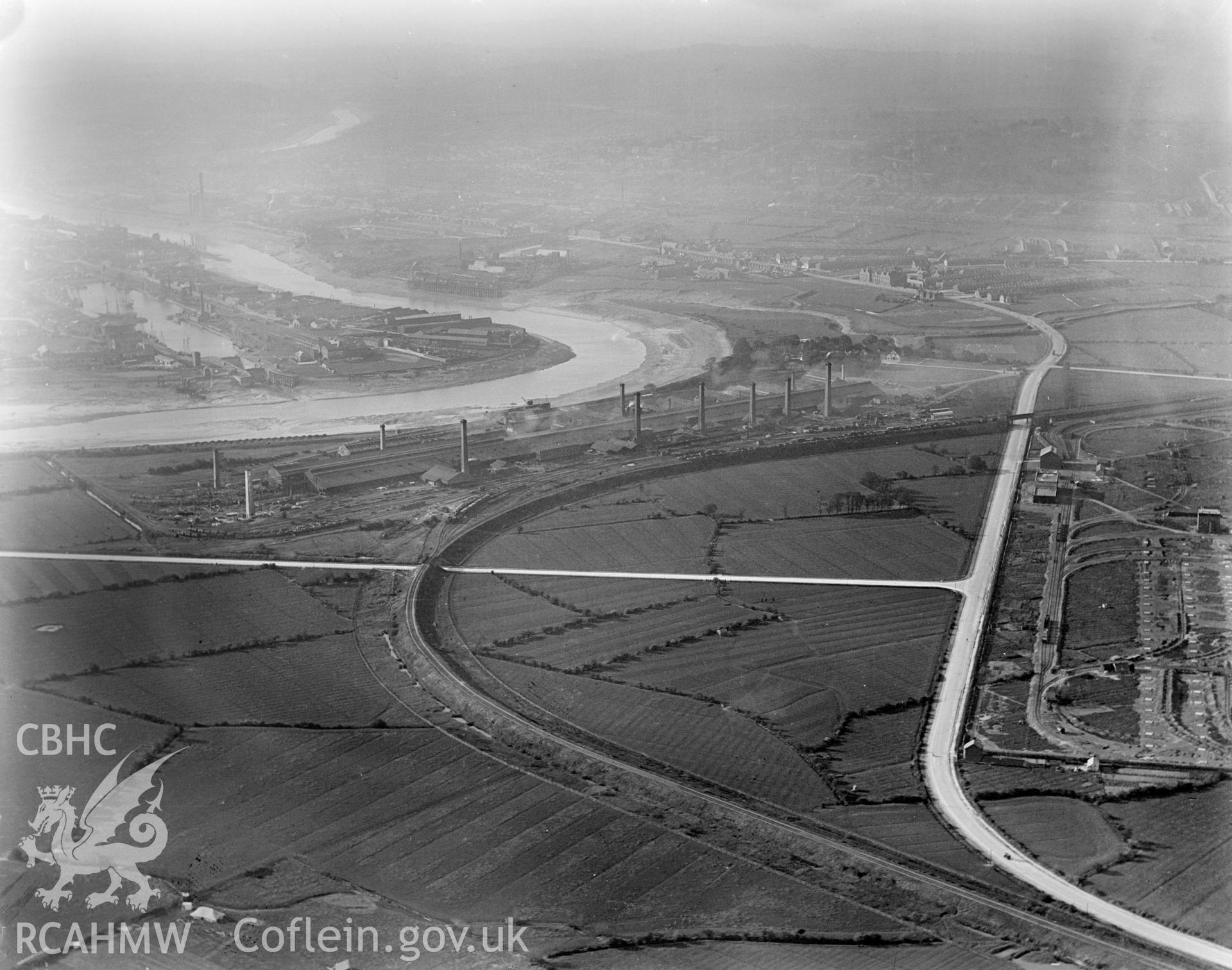 View of Orb steelworks, Newport, oblique aerial view. 5?x4? black and white glass plate negative.