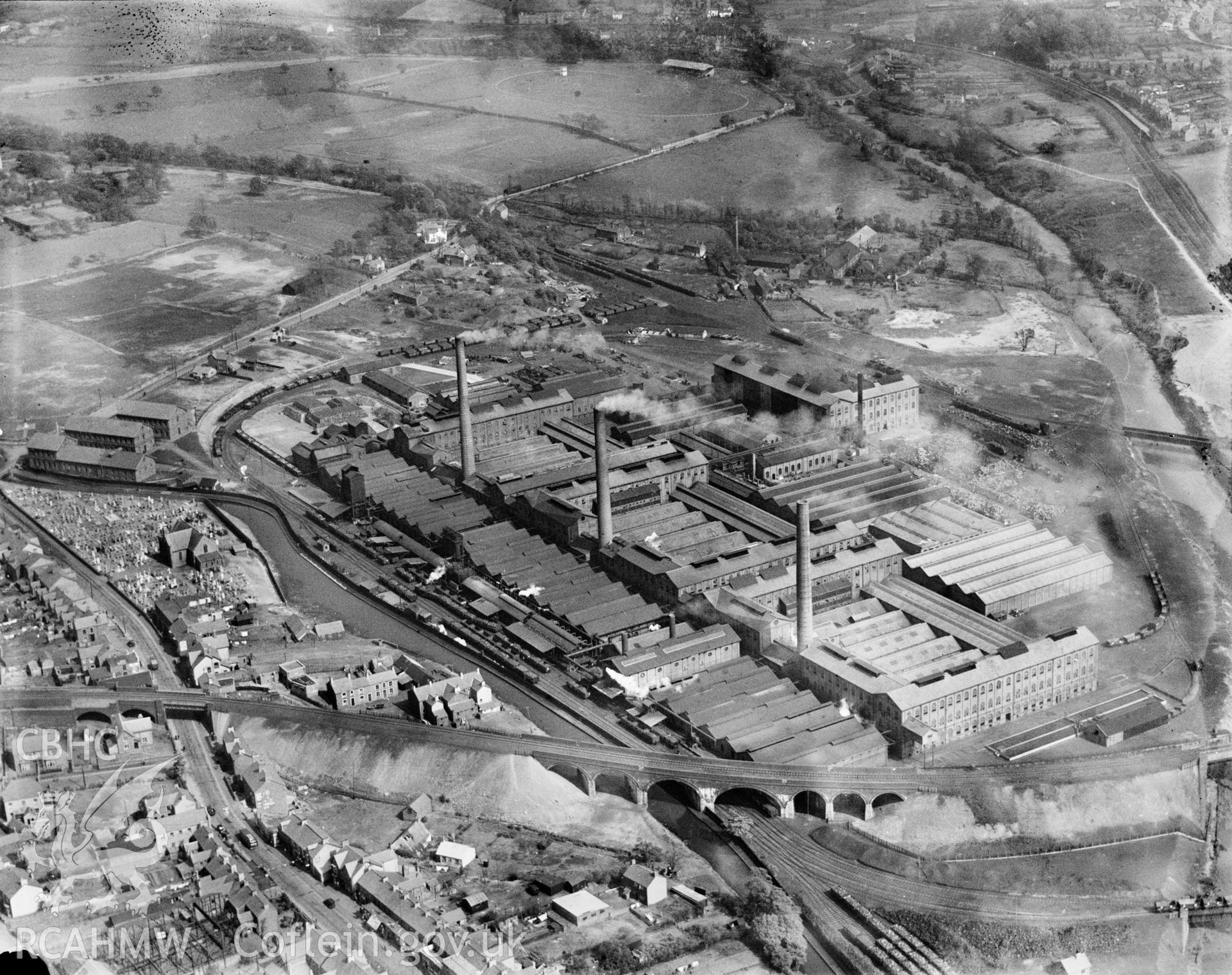 View of Mond Nickel Co., Clydach, oblique aerial view. 5?x4? black and white glass plate negative.
