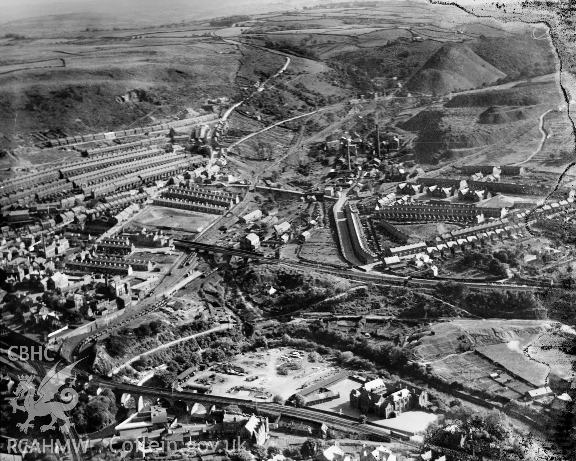 View of Maritime Colliery, Pontypridd, looking from north, oblique aerial view. 5?x4? black and white glass plate negative.