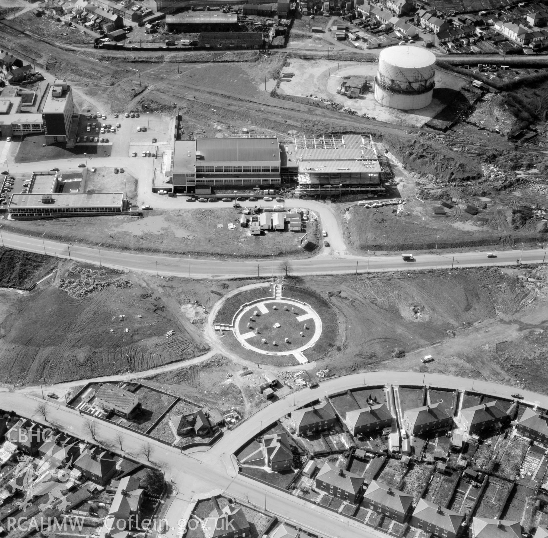 Black and white oblique aerial photograph showing the Gorsedd Circle at Ebbw Vale, from Aerofilms album Monmouthshire (CH-M), taken by Aerofilms Ltd and dated 1972.