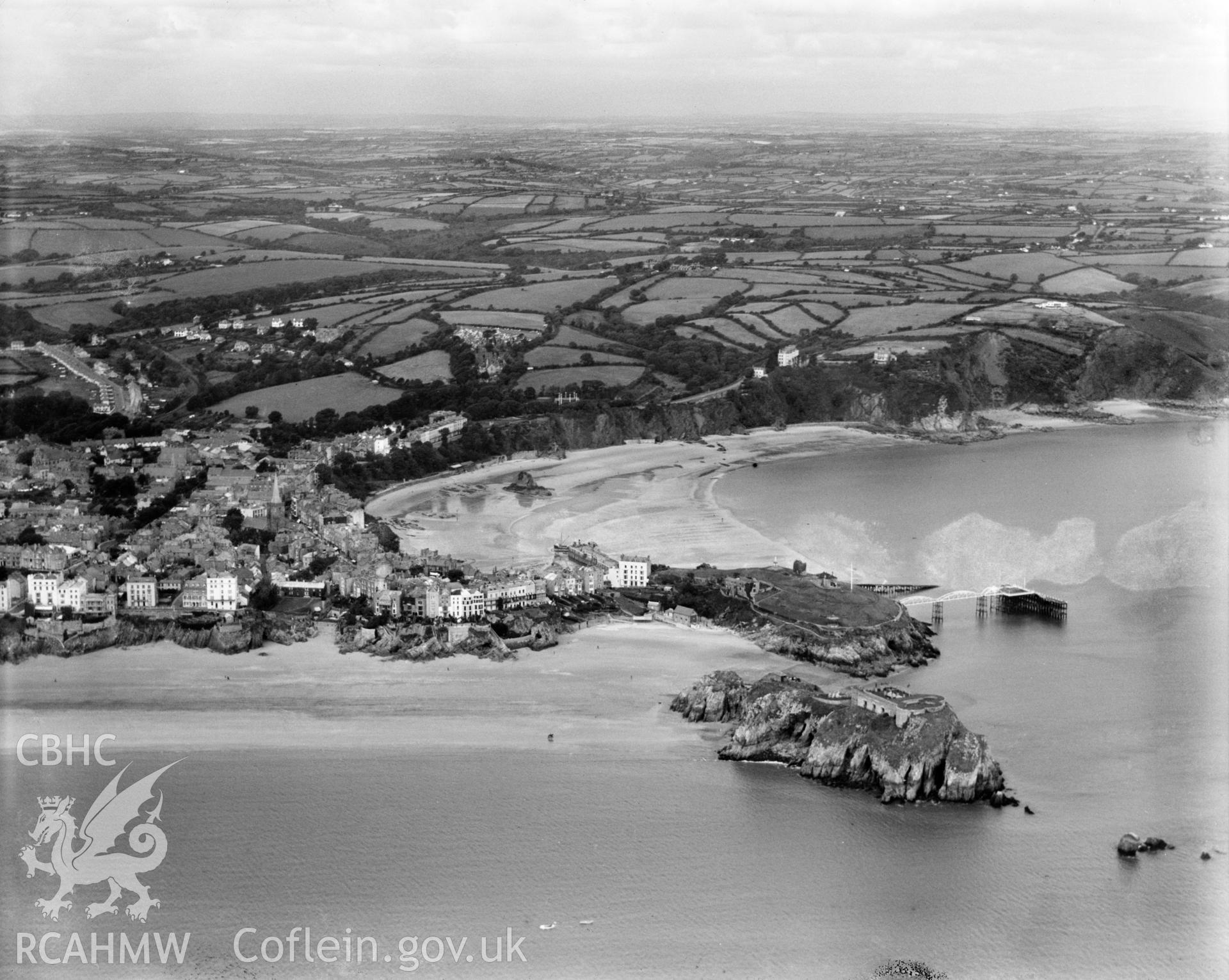 General view of Tenby, oblique aerial view. 5?x4? black and white glass plate negative.
