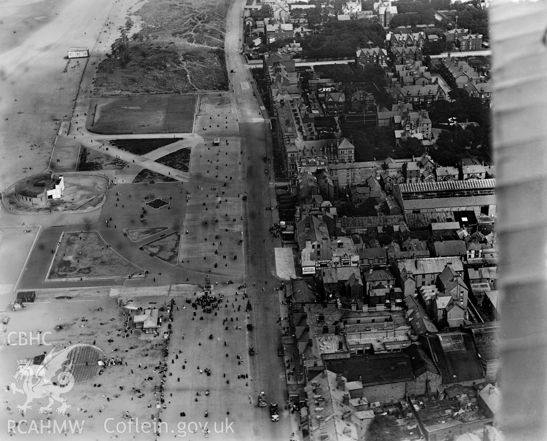 View of Rhyl showing seafront and the Amphitheatre, oblique aerial view. 5?x4? black and white glass plate negative.
