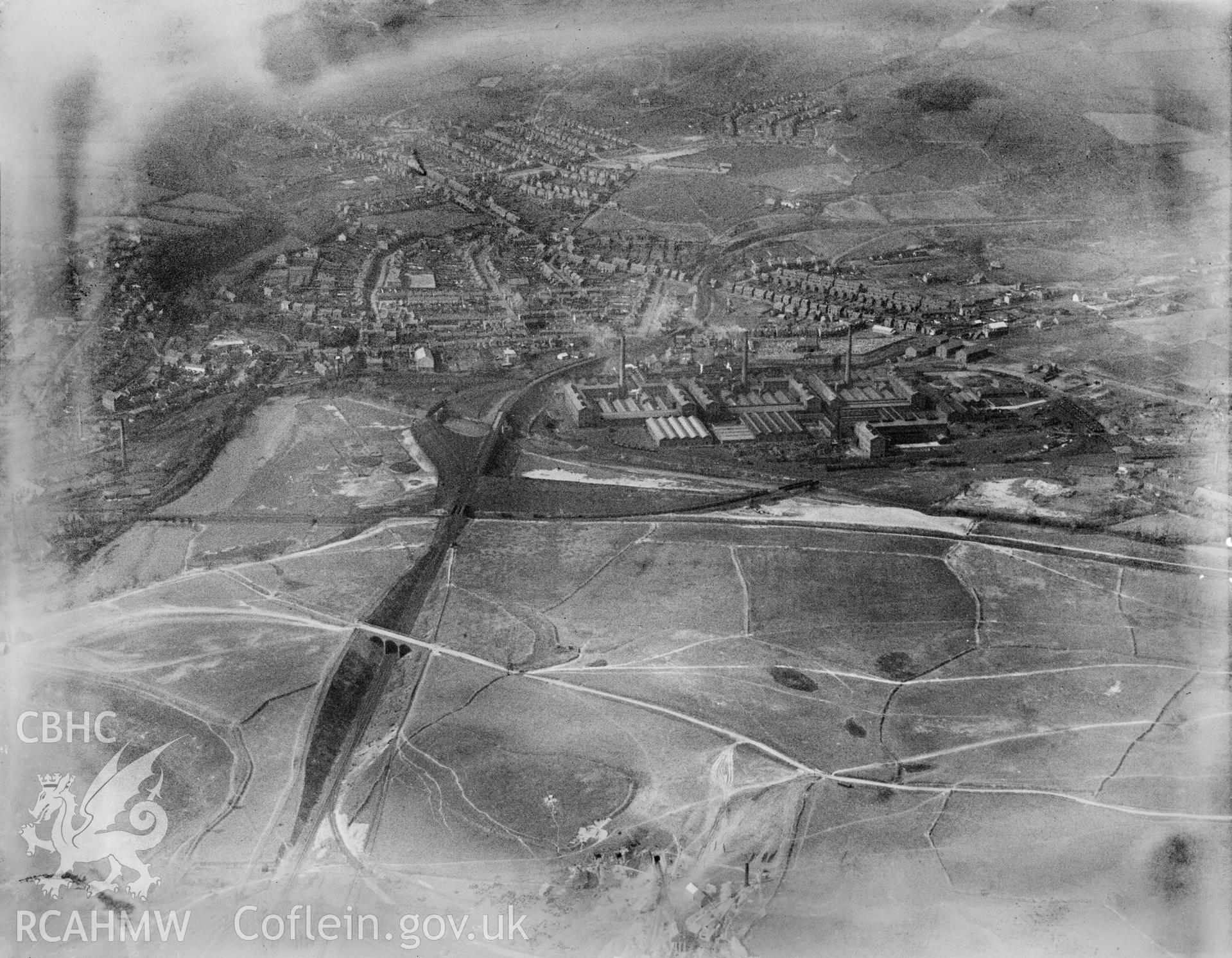 View of Clydach showing Mond Nickel Co. and Felin Fran colliery, oblique aerial view. 5?x4? black and white glass plate negative.