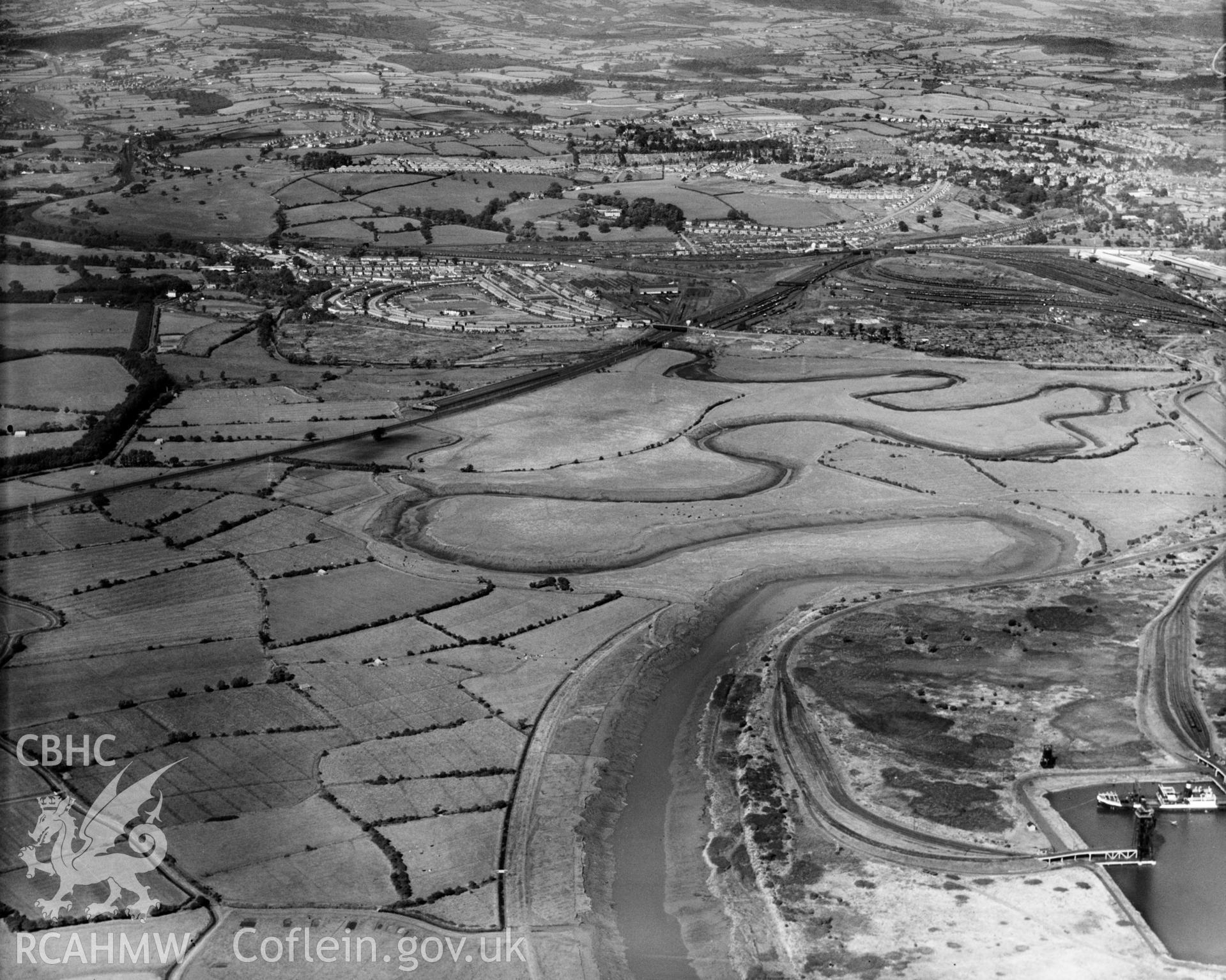 Distant view of Newport showing the Ebbw river, oblique aerial view. 5?x4? black and white glass plate negative.
