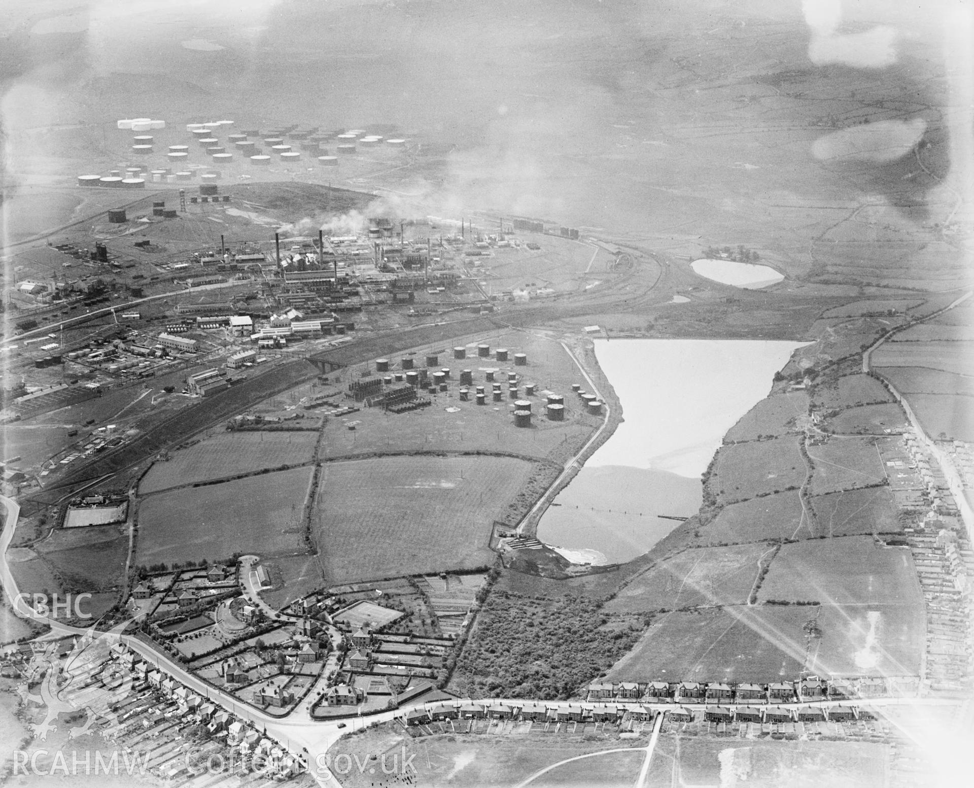 View of National Oil Refineries (Anglo-Persion) Llandarcy, oblique aerial view. 5?x4? black and white glass plate negative.