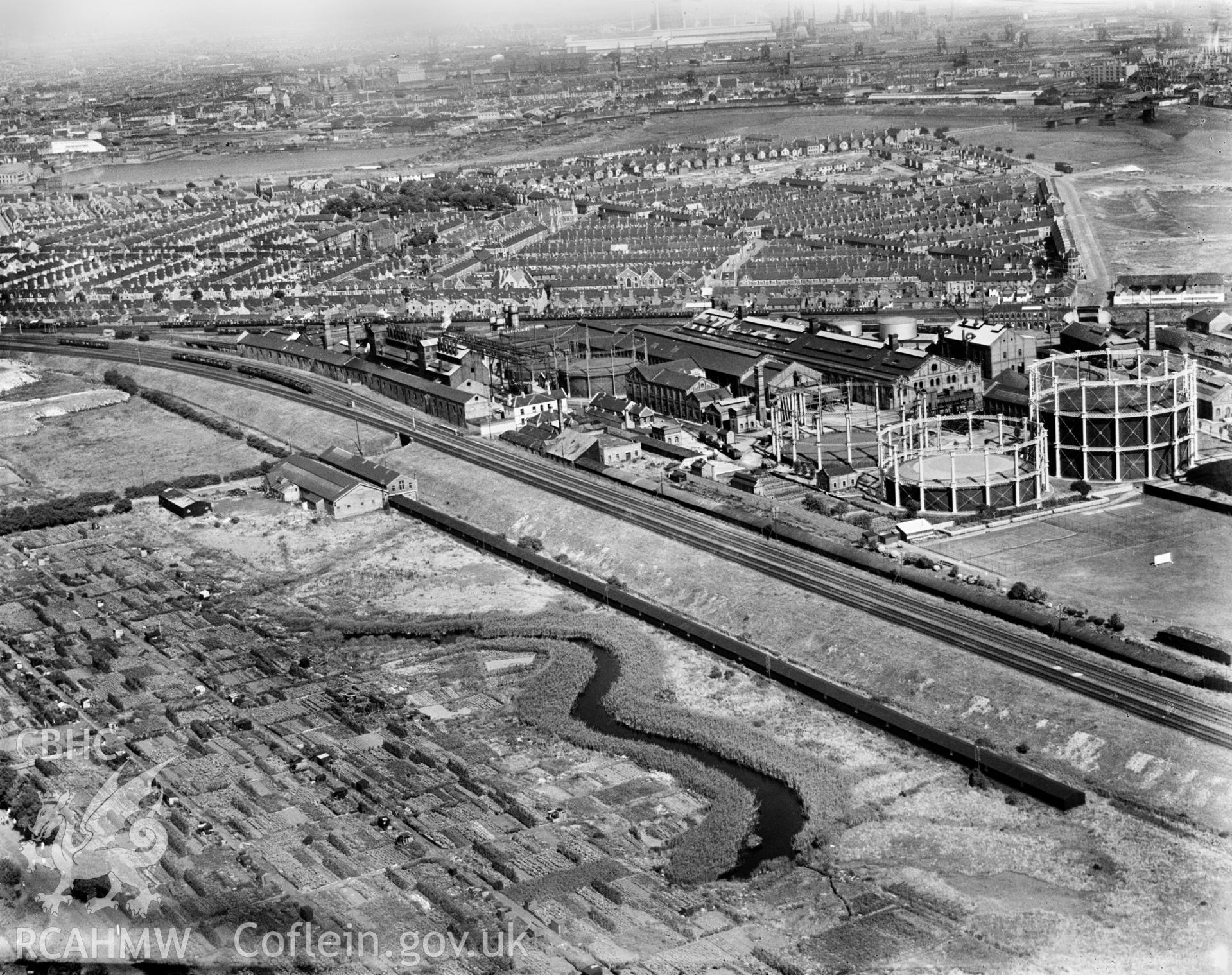 View of Dixon's Ropeworks, Grangetown, oblique aerial view. 5?x4? black and white glass plate negative.