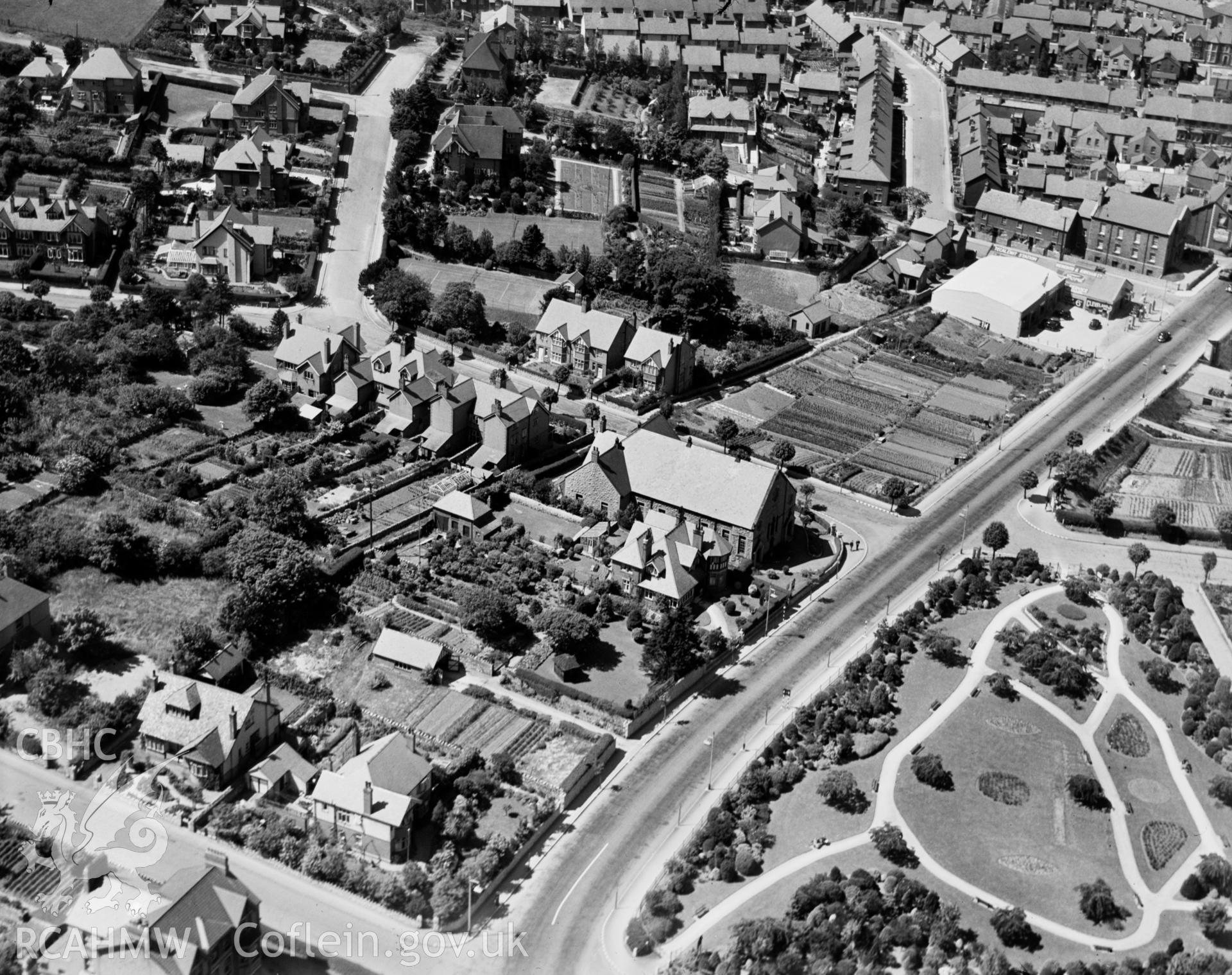 View of part of Old Conwy showing Hebron Chapel and Wynn Gardens. Oblique aerial photograph, 5?x4? BW glass plate.
