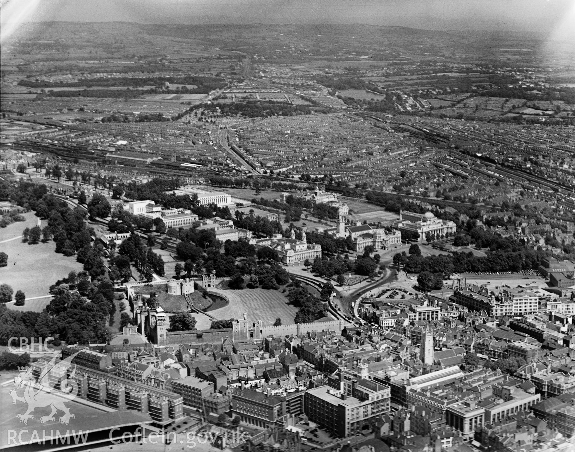 View of Cathays Park, Cardiff showing civic centre and Castle Court Flats in the foreground left, oblique aerial view. 5?x4? black and white glass plate negative.