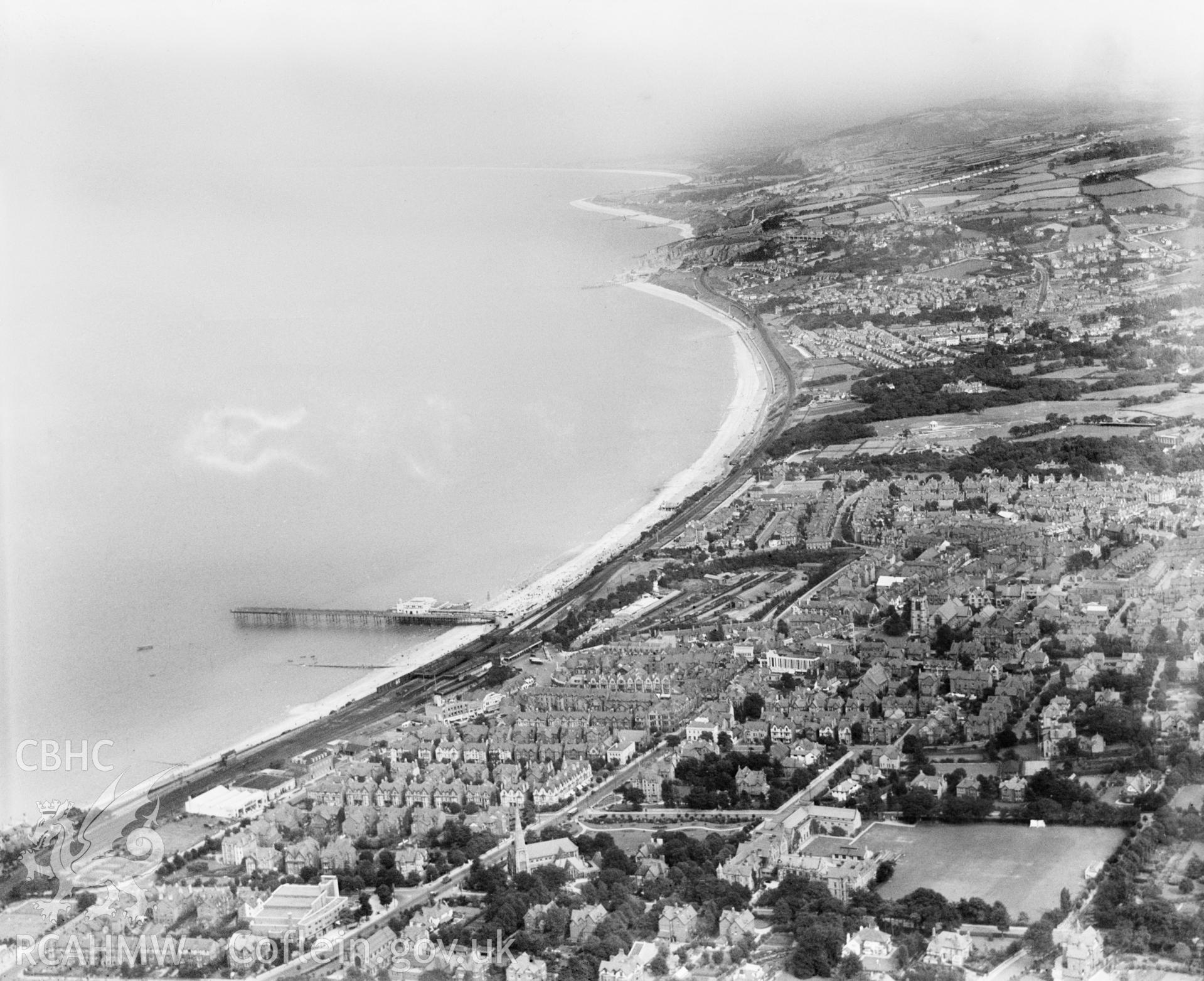 View of Colwyn Bay showing pier, oblique aerial view. 5?x4? black and white glass plate negative.