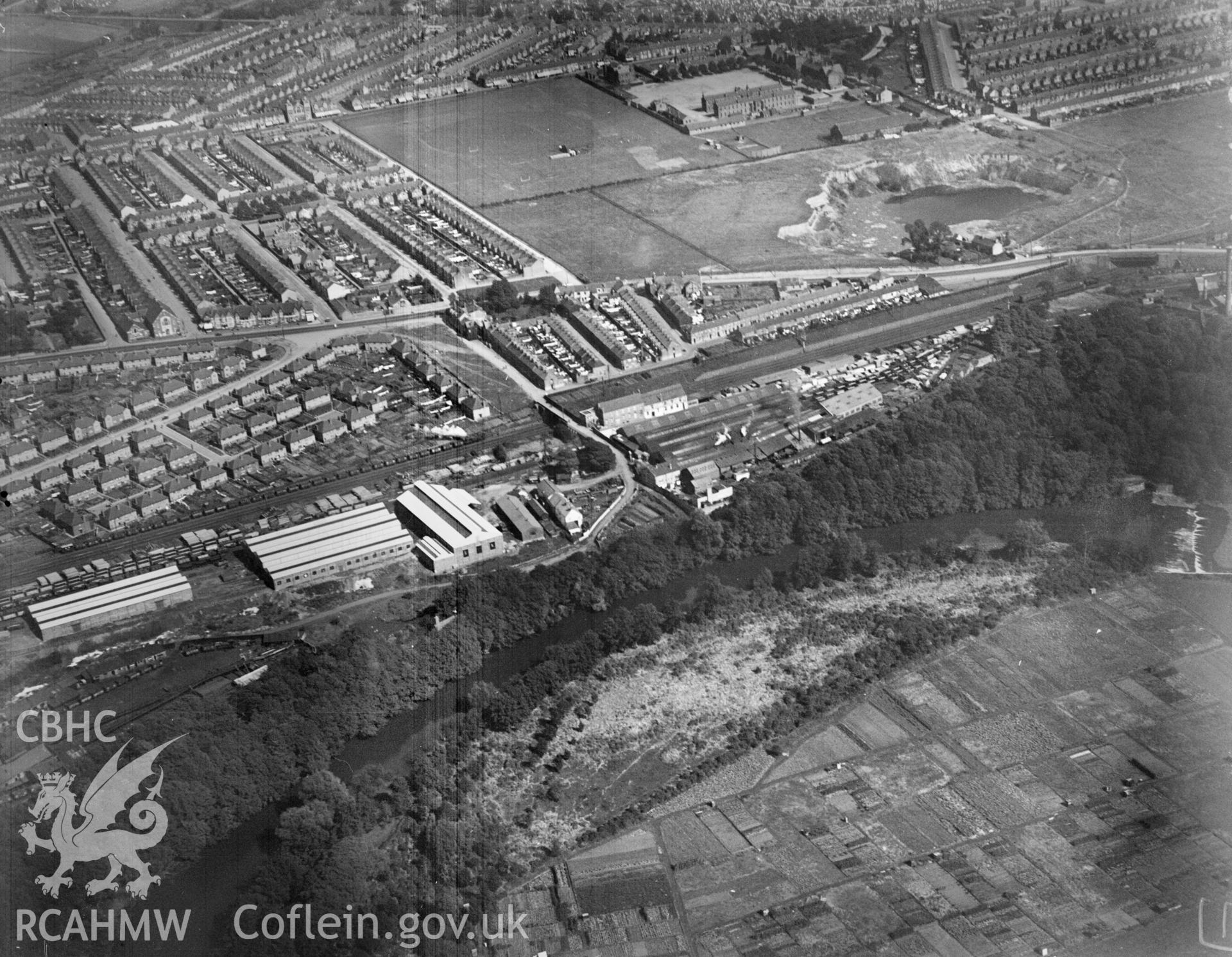 Hall Lewis & Co, Maindy, oblique aerial view. 5?x4? black and white glass plate negative.