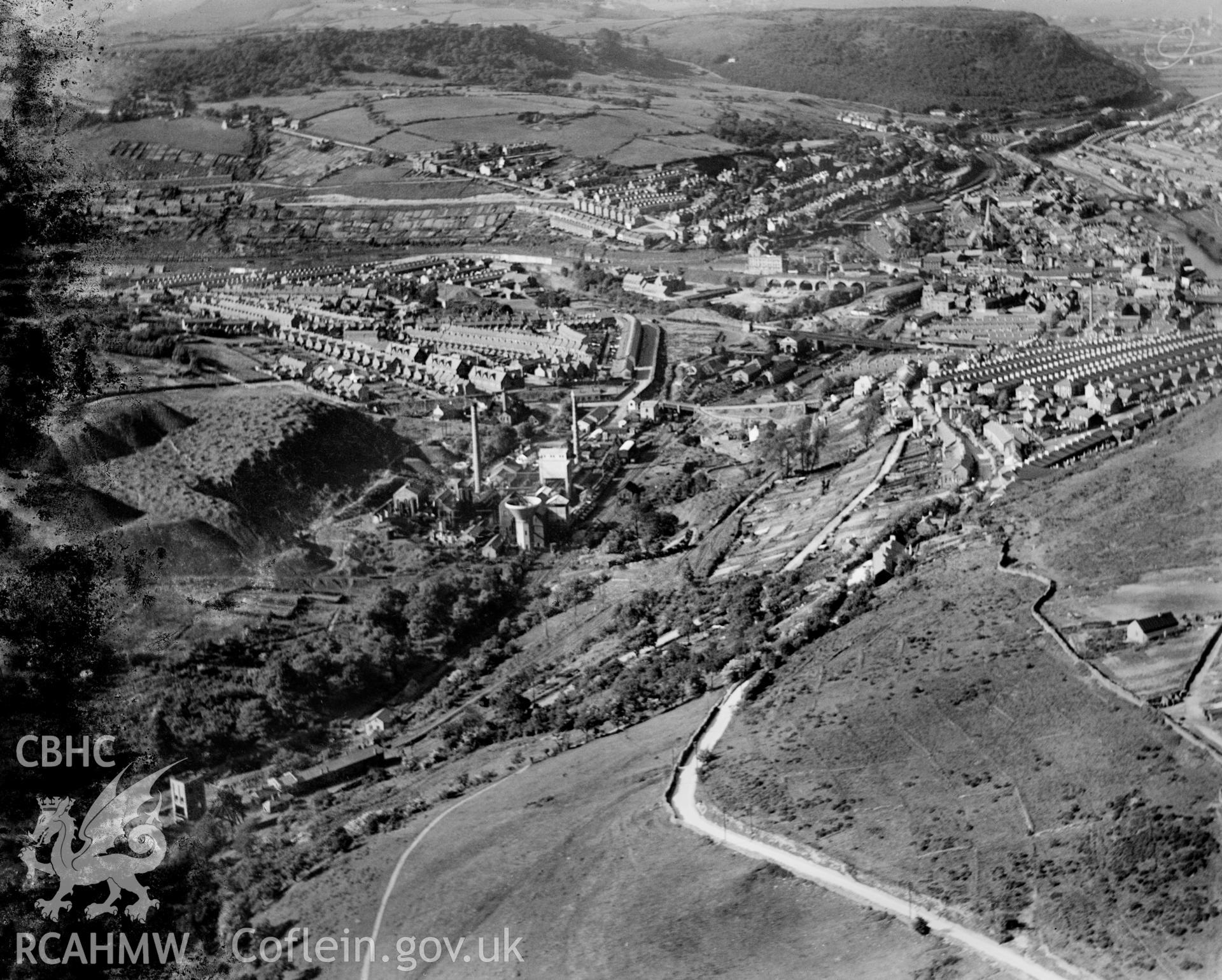 View of Maritime Colliery Coke Works, Pontypridd, looking from southwest, oblique aerial view. 5?x4? black and white glass plate negative.