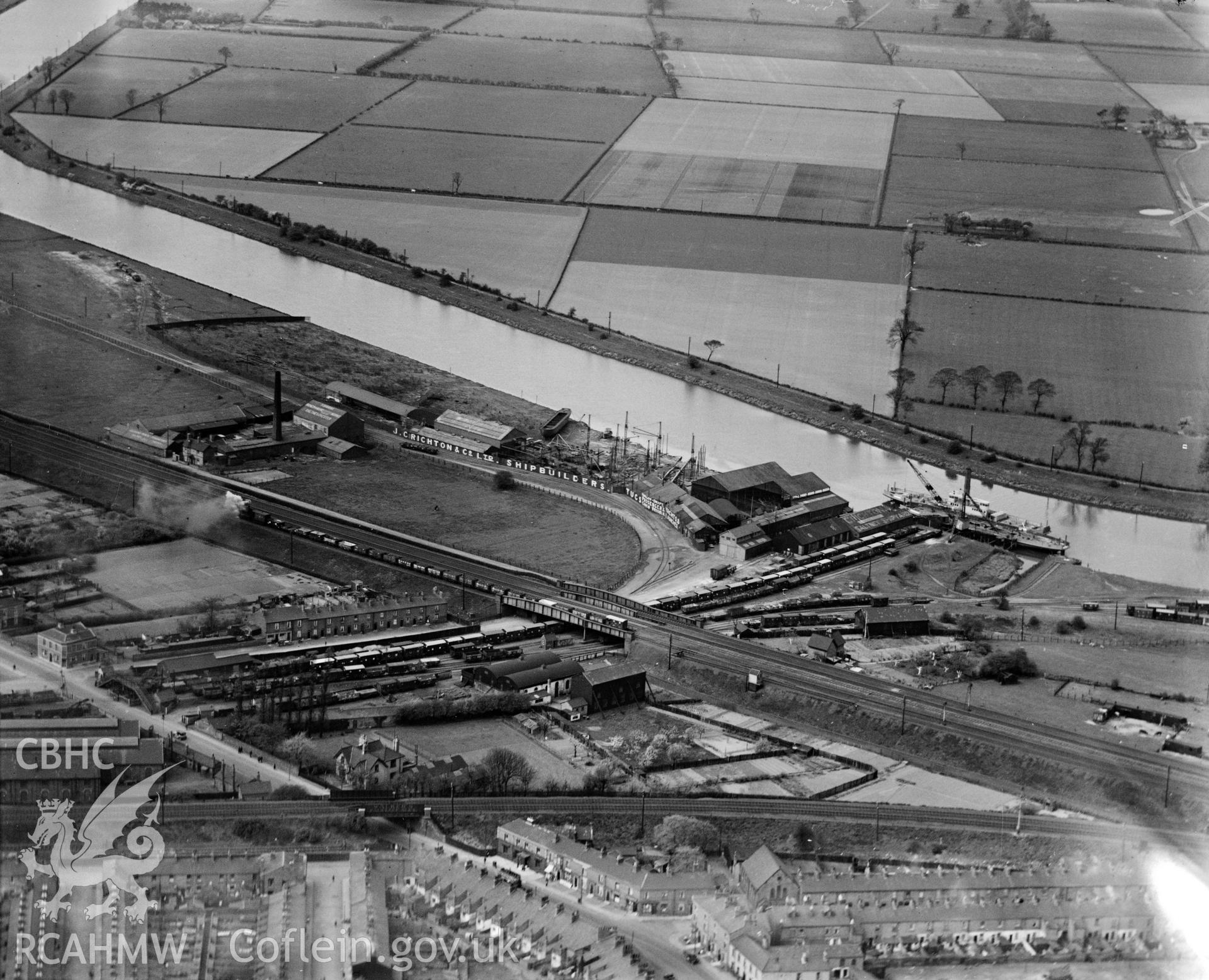 View of Crichton's shipyard, Saltney, oblique aerial view. 5?x4? black and white glass plate negative.