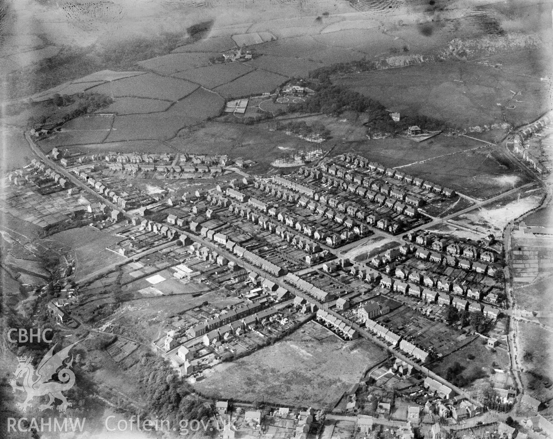 View of Clydach showing 1930's housing estate, oblique aerial view. 5?x4? black and white glass plate negative.