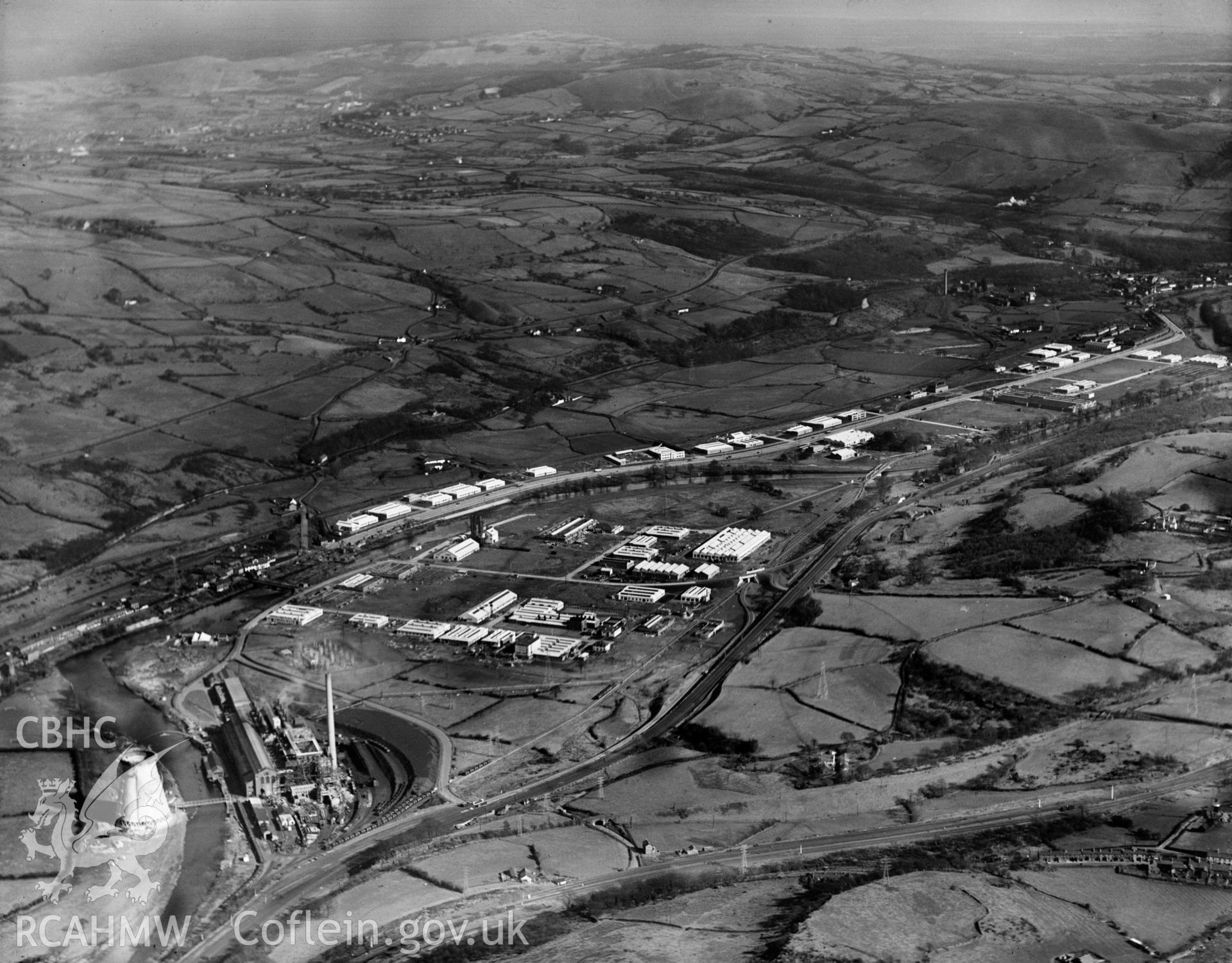 View of Pritchard, Wood & Partners, Treforest Trading Estate, oblique aerial view. 5?x4? black and white glass plate negative.