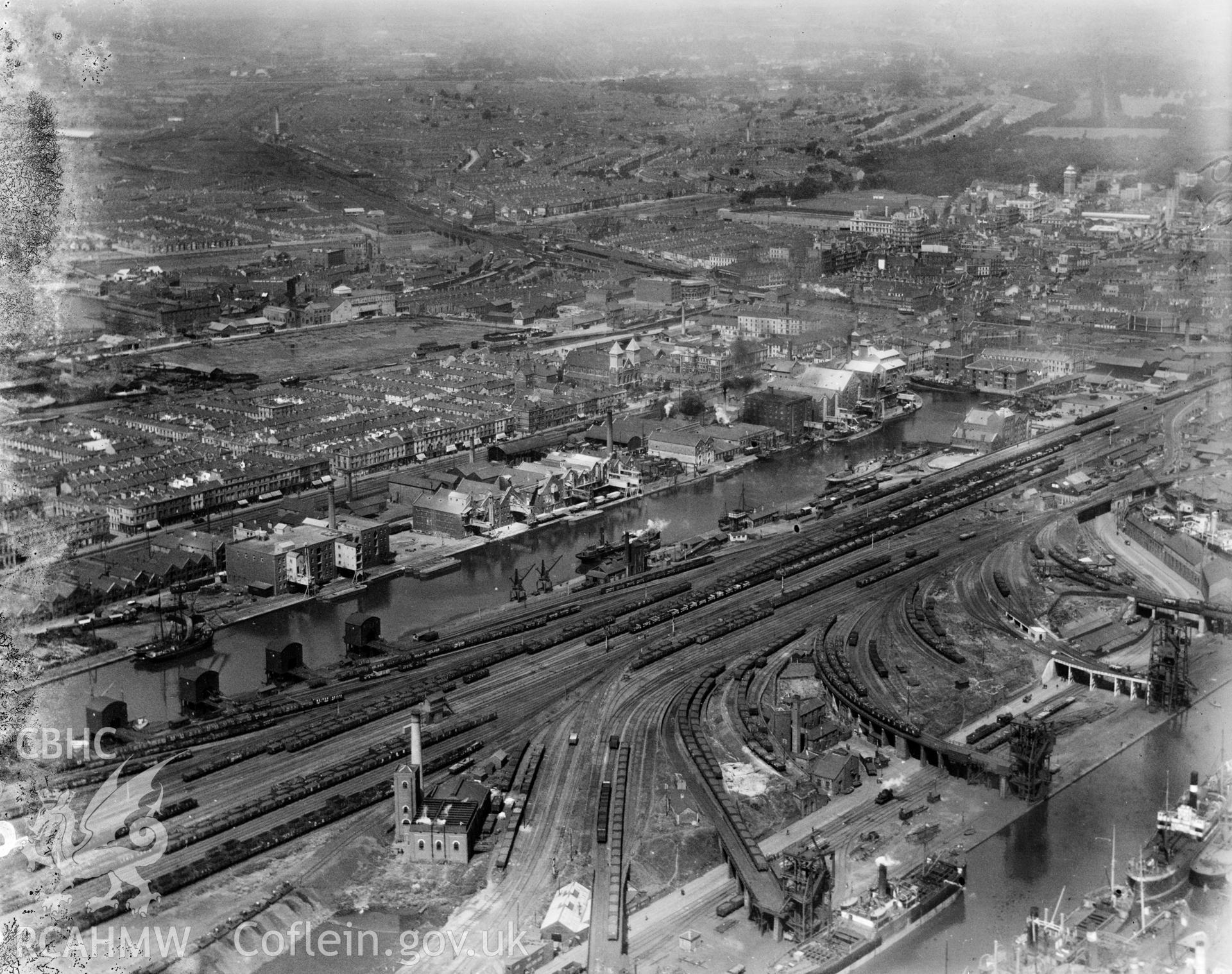 Bute East Dock, Cardiff showing the Spillers Factory, oblique aerial view. 5?x4? black and white glass plate negative.