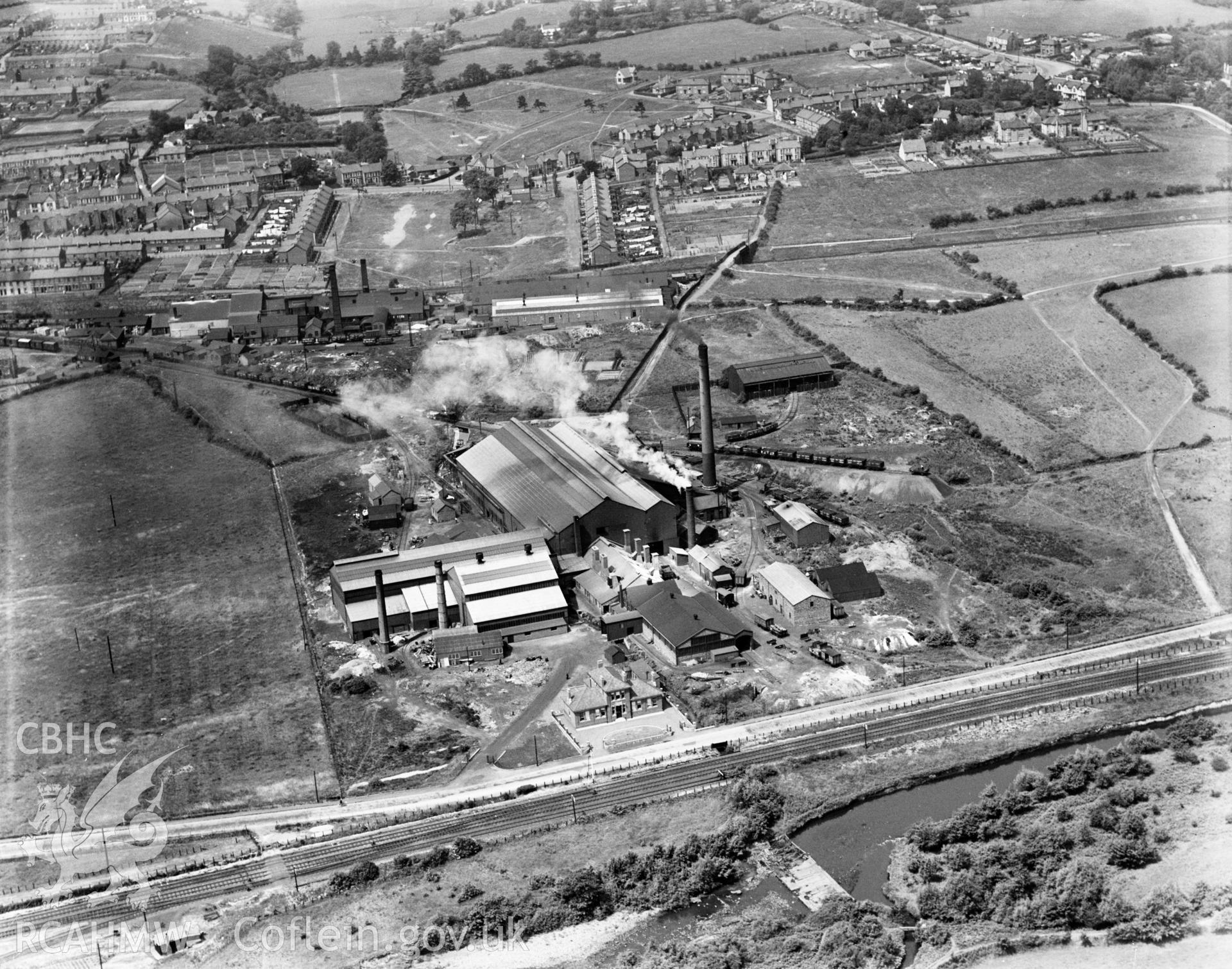 View of Avondale Tinplate Co., Pontnewydd, oblique aerial view. 5?x4? black and white glass plate negative.