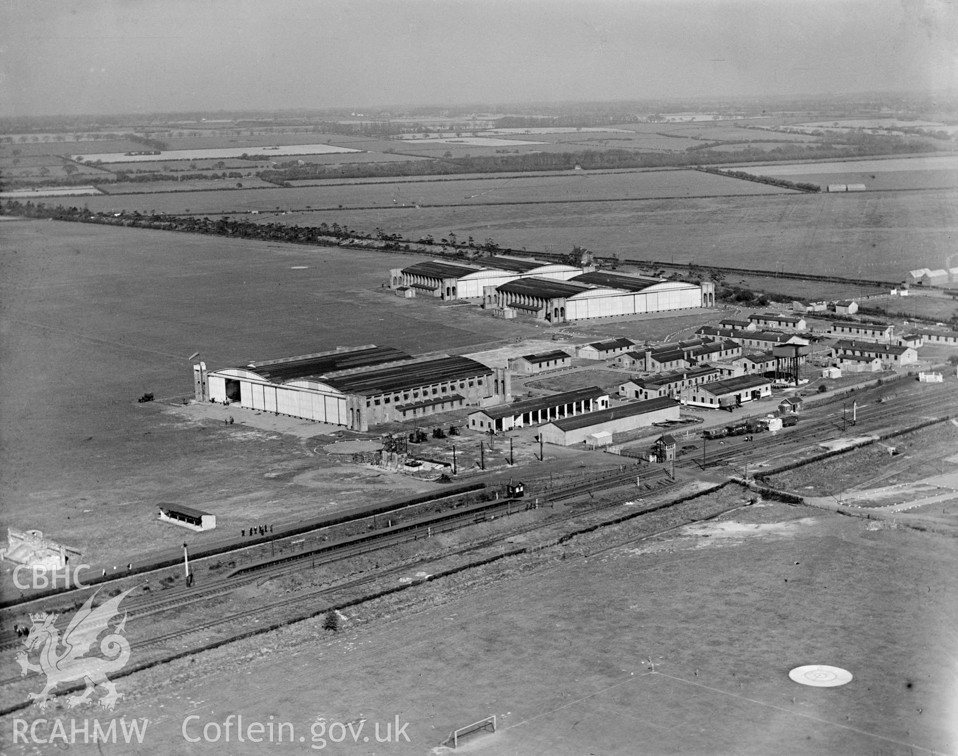 View of Shotwick Aerodrome , oblique aerial view. 5?x4? black and white glass plate negative.