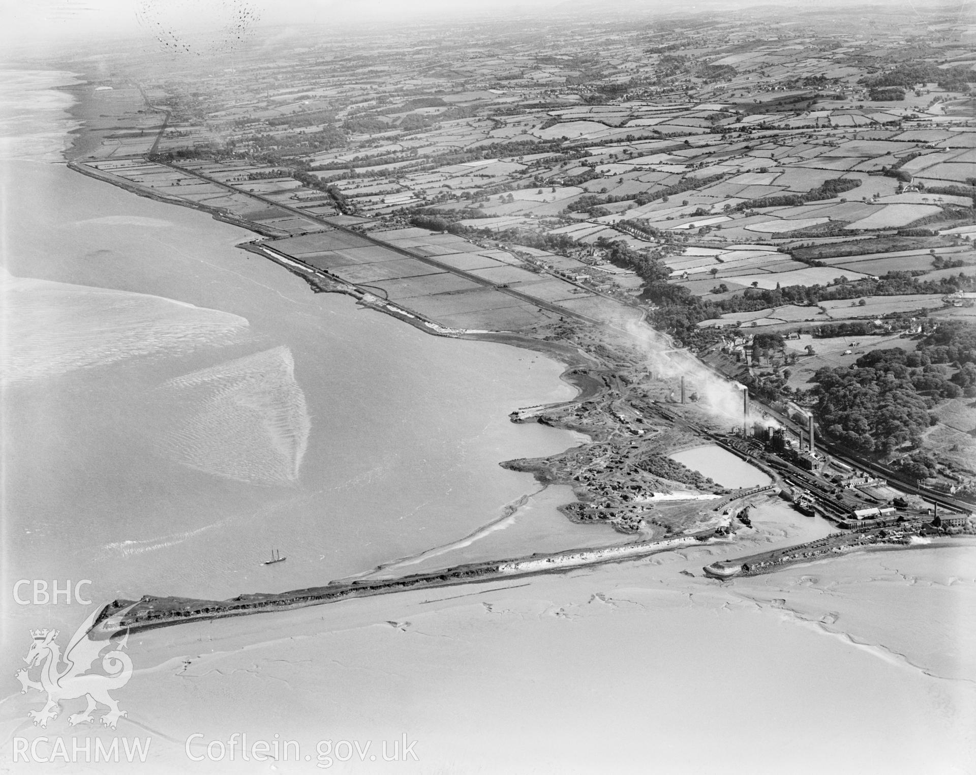 View of Mostyn showing Barwen & Mostyn Iron Co., oblique aerial view. 5?x4? black and white glass plate negative.