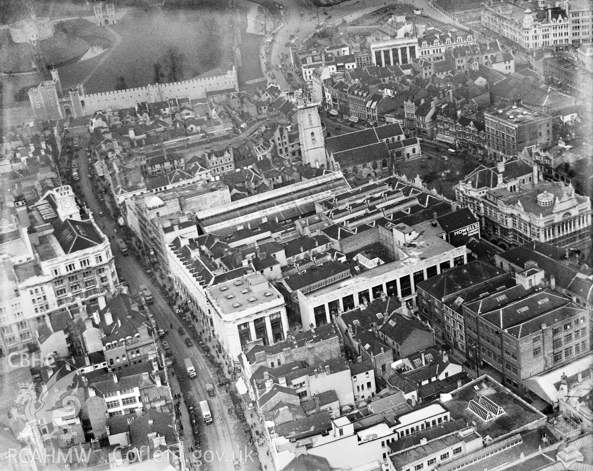 View of central Cardiff, showing James Howell & Co. Ltd., oblique aerial view. 5?x4? black and white glass plate negative.