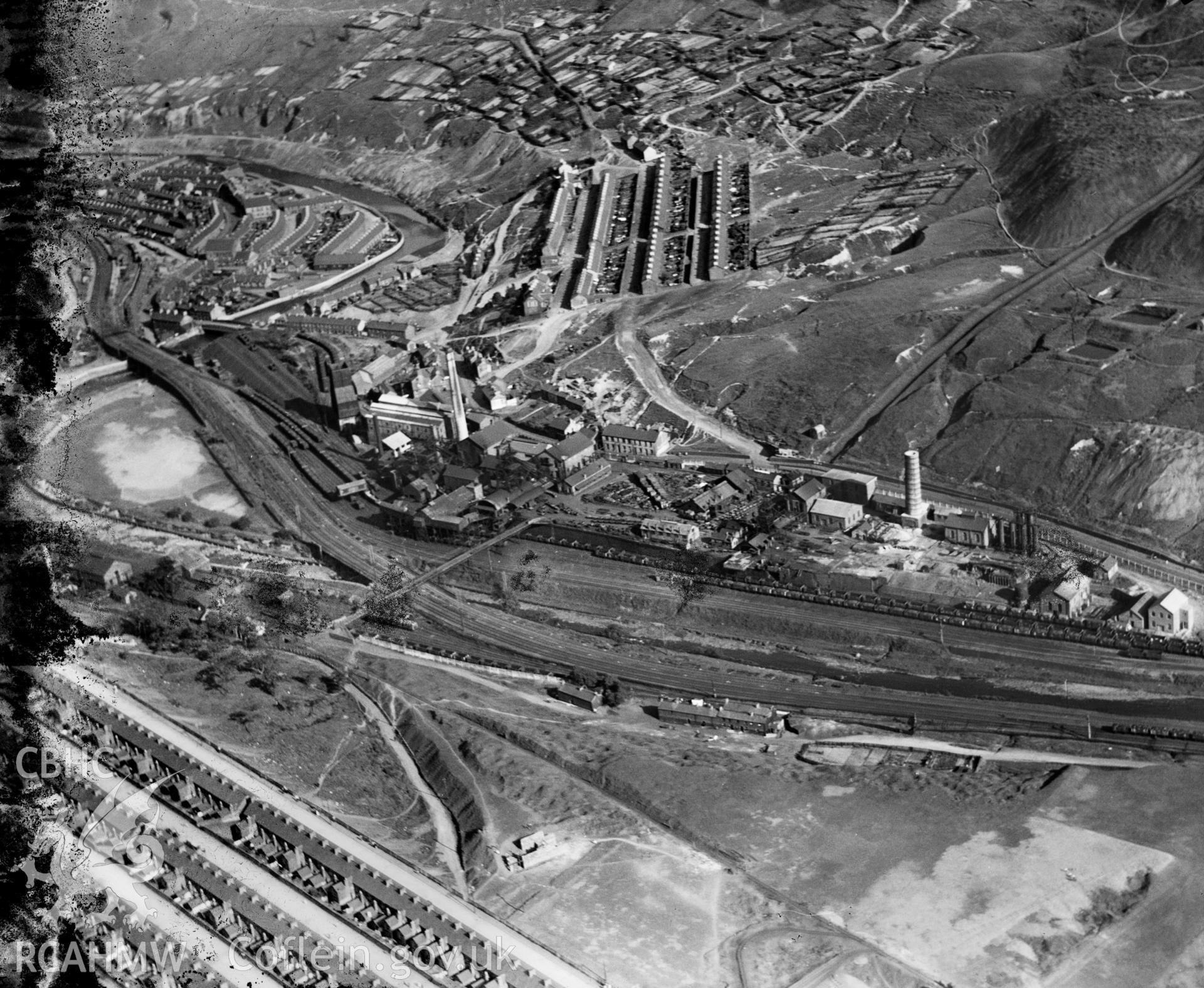 View of Lewis Merthyr Colliery, Hafod looking from north west, oblique aerial view. 5?x4? black and white glass plate negative.