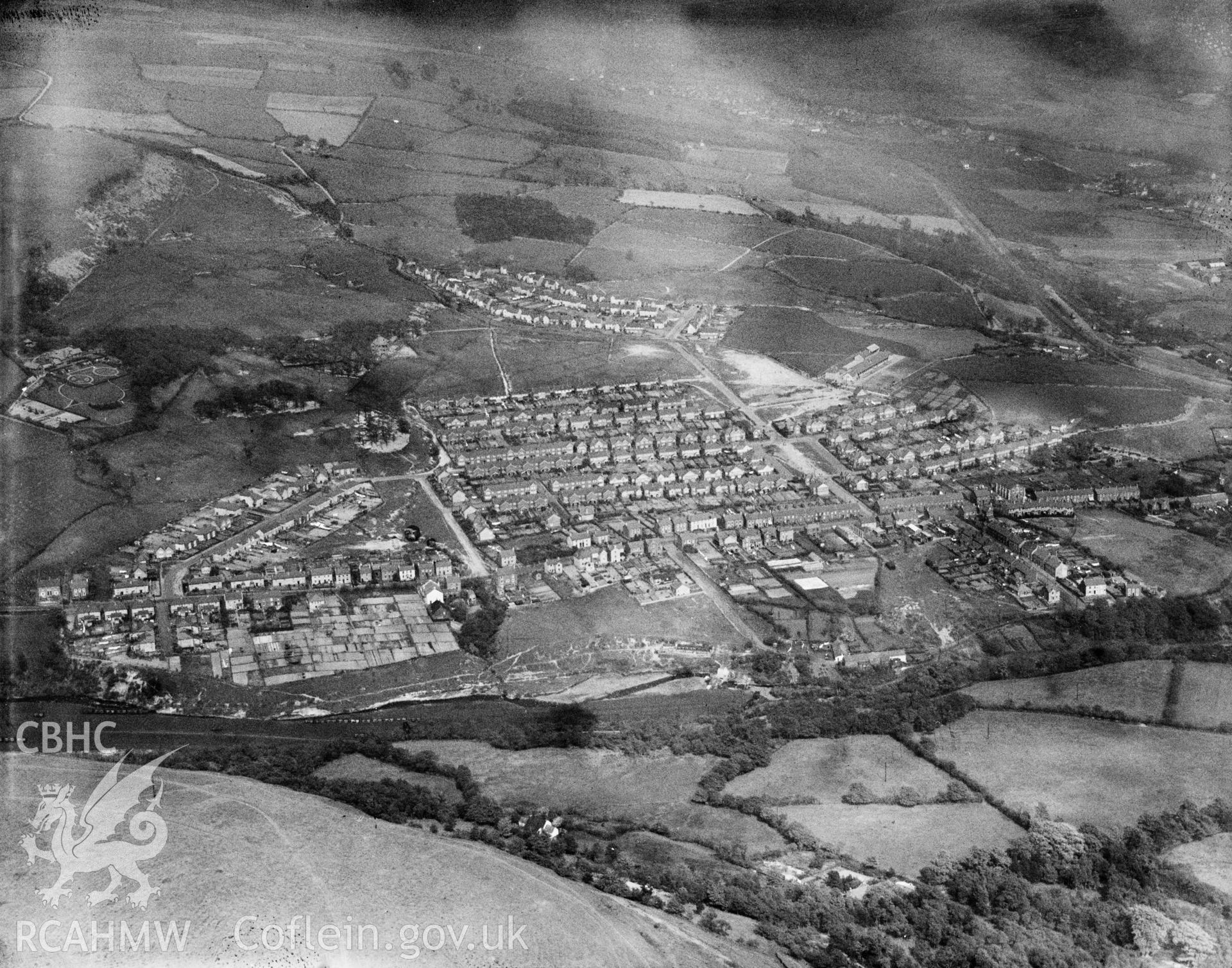 Distant view of Clydach showing 1930's housing estate, oblique aerial view. 5?x4? black and white glass plate negative.