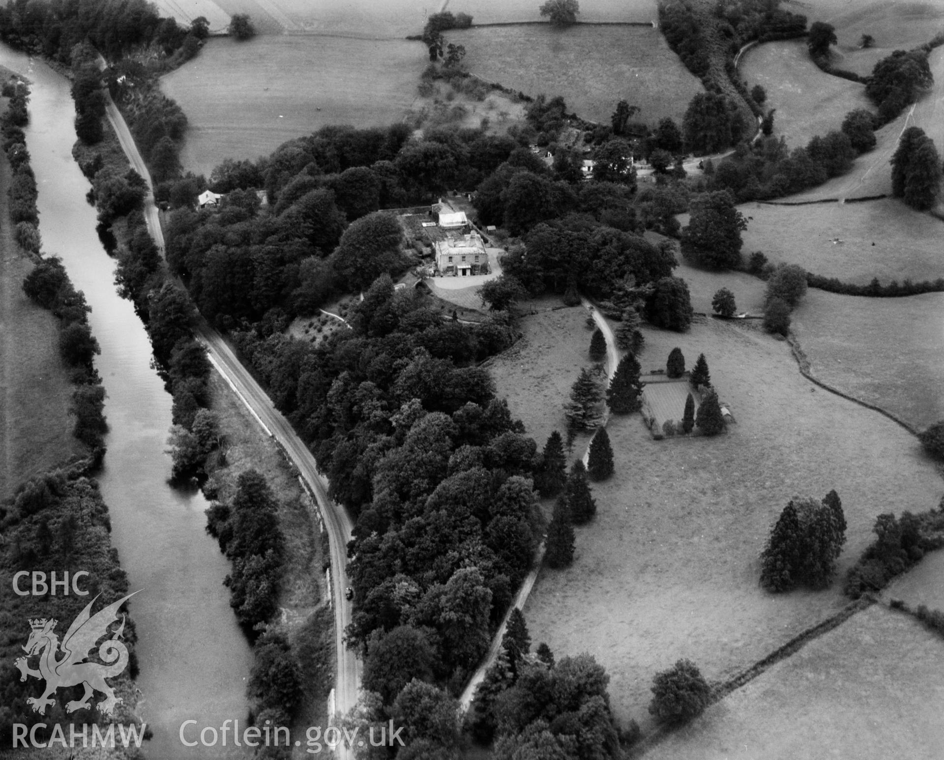 View of Beech Hill, Usk, oblique aerial view. 5?x4? black and white glass plate negative.