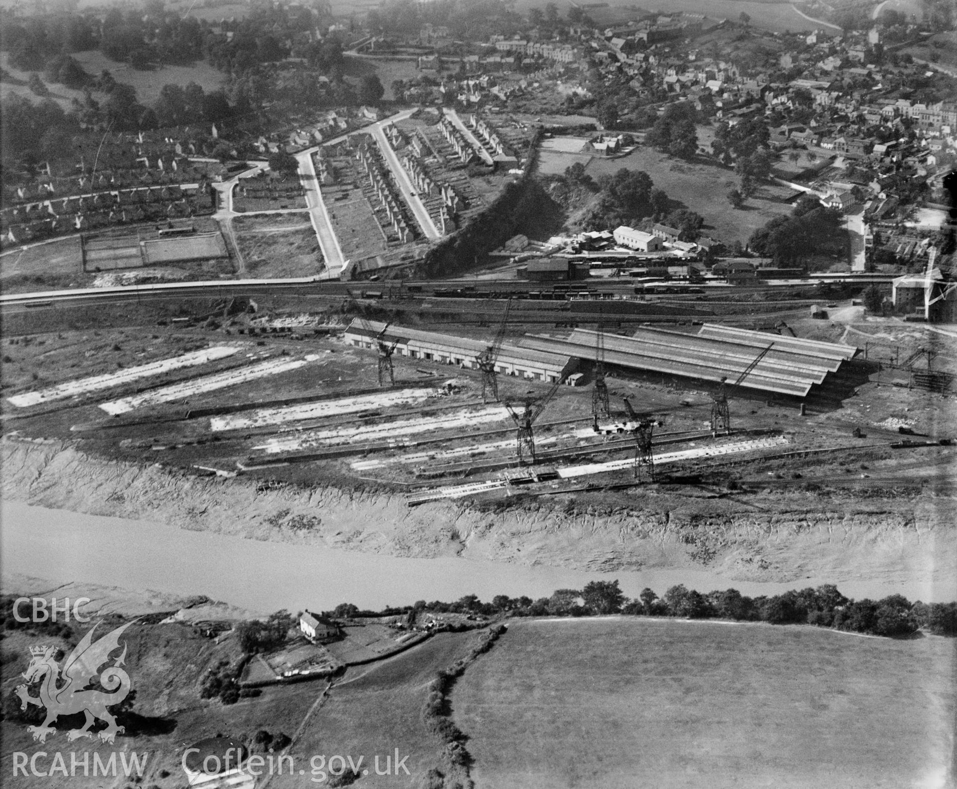 Chepstow shipyard No. 1 being dismantled, oblique aerial view. 5?x4? black and white glass plate negative.