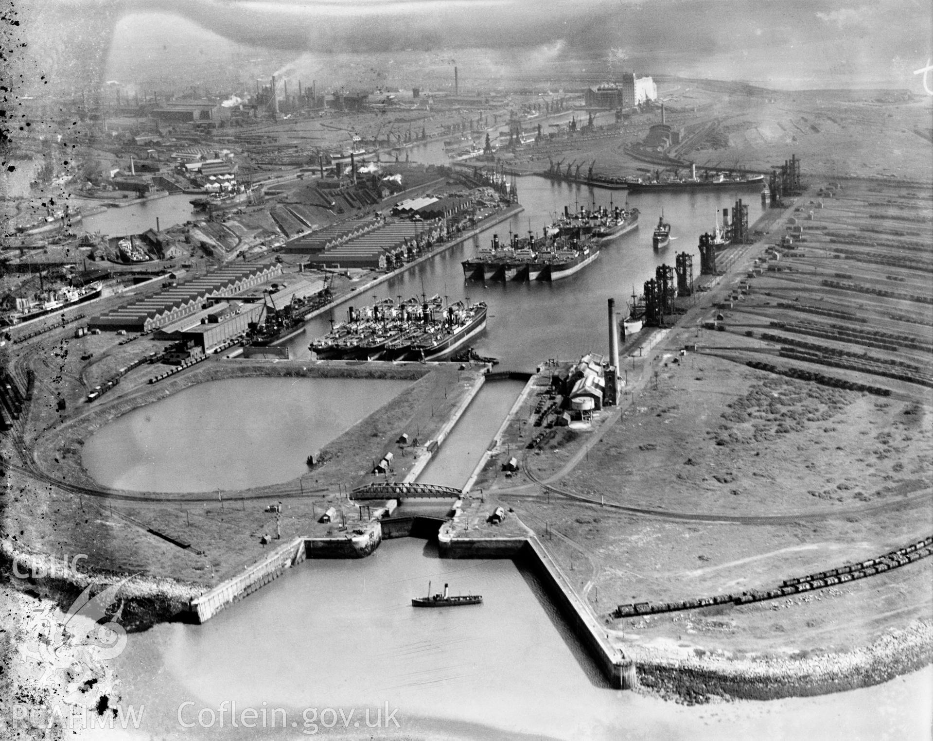 View of Cardiff Docks, oblique aerial view. 5?x4? black and white glass plate negative.