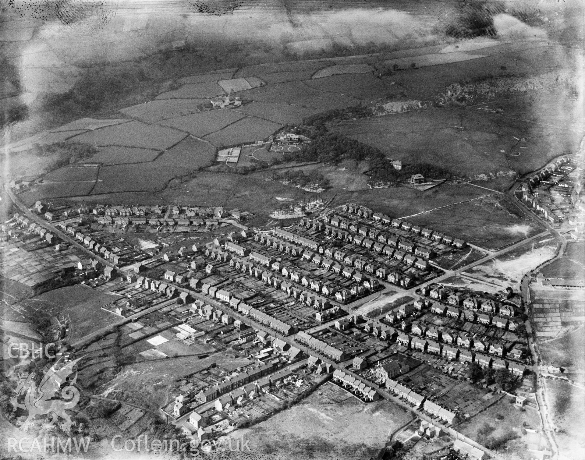 View of Clydach showing 1930's housing estate, oblique aerial view. 5?x4? black and white glass plate negative.