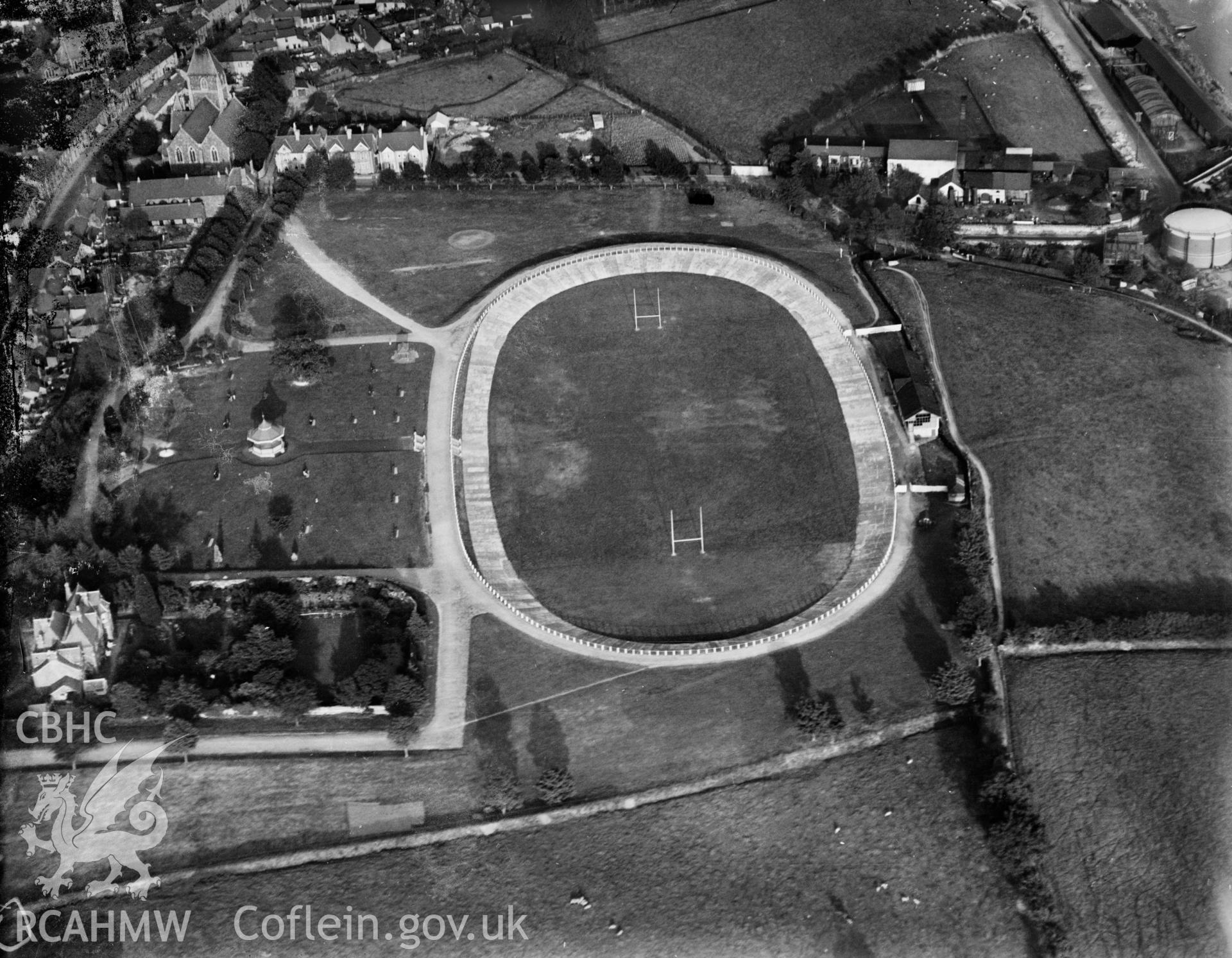 View of Carmarthen Park and football gound, oblique aerial view. 5?x4? black and white glass plate negative.