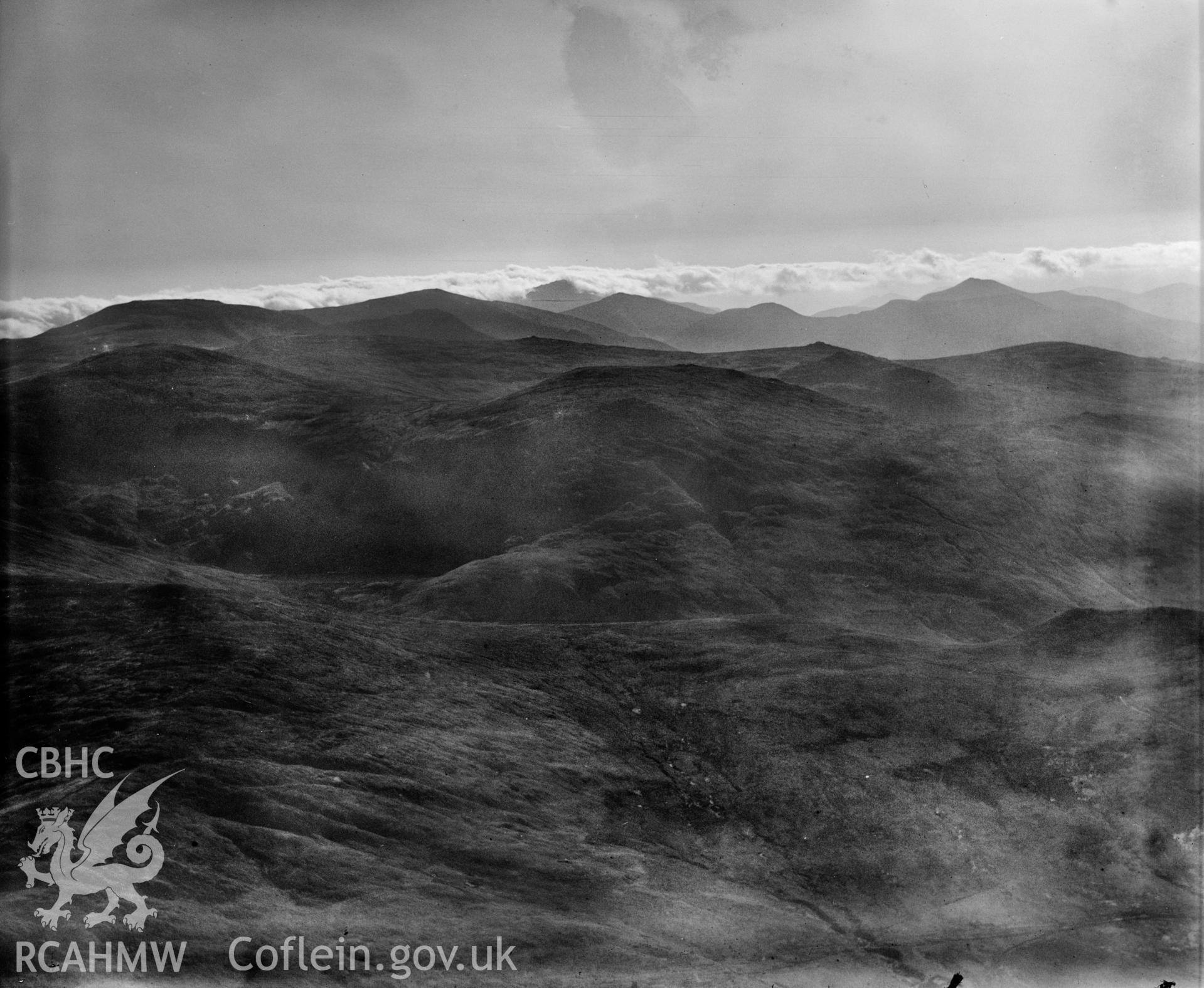 View of mountains in Snowdonia, oblique aerial view. 5?x4? black and white glass plate negative.