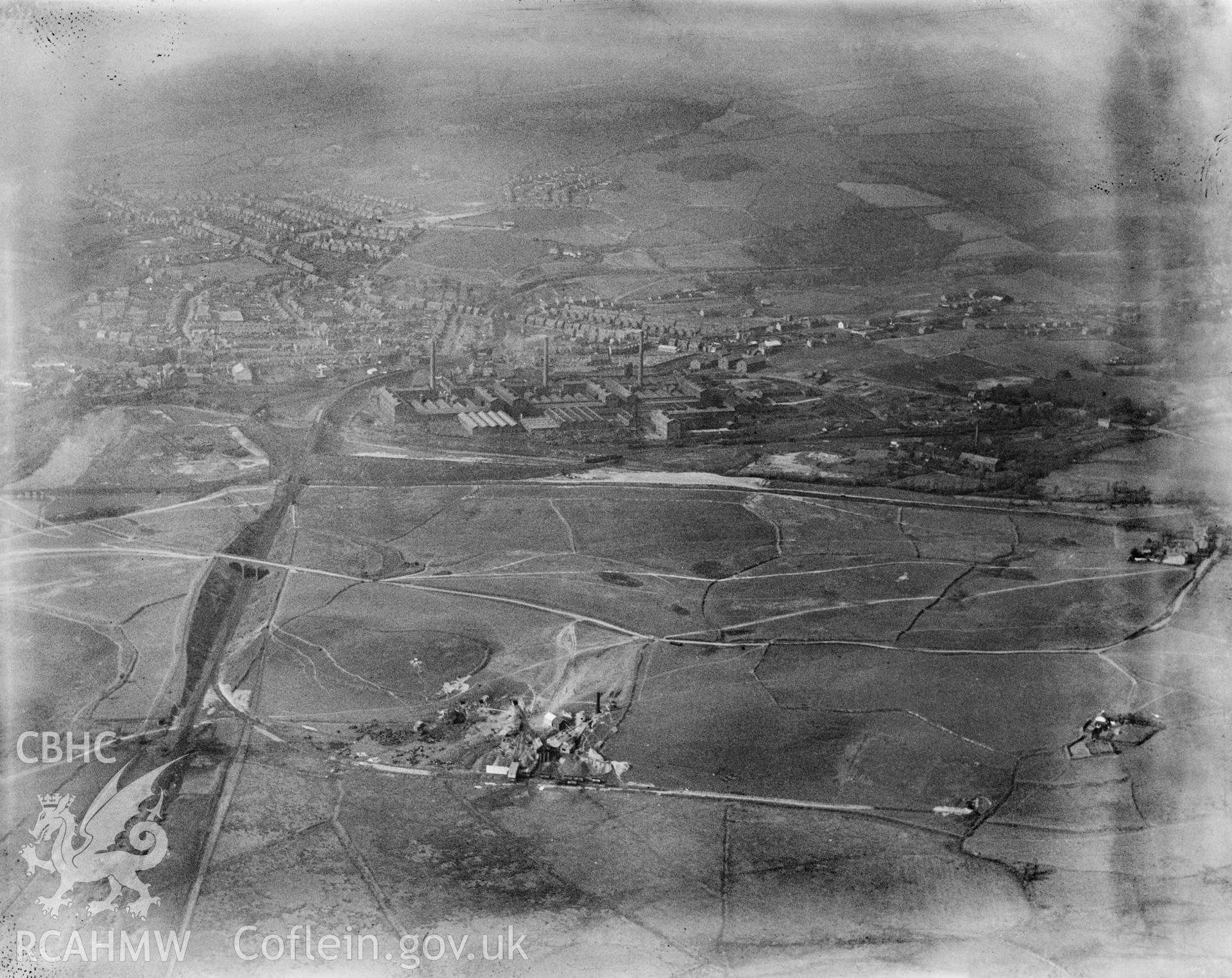 View of Clydach showing Mond Nickel Co. and Felin Fran colliery, oblique aerial view. 5?x4? black and white glass plate negative.