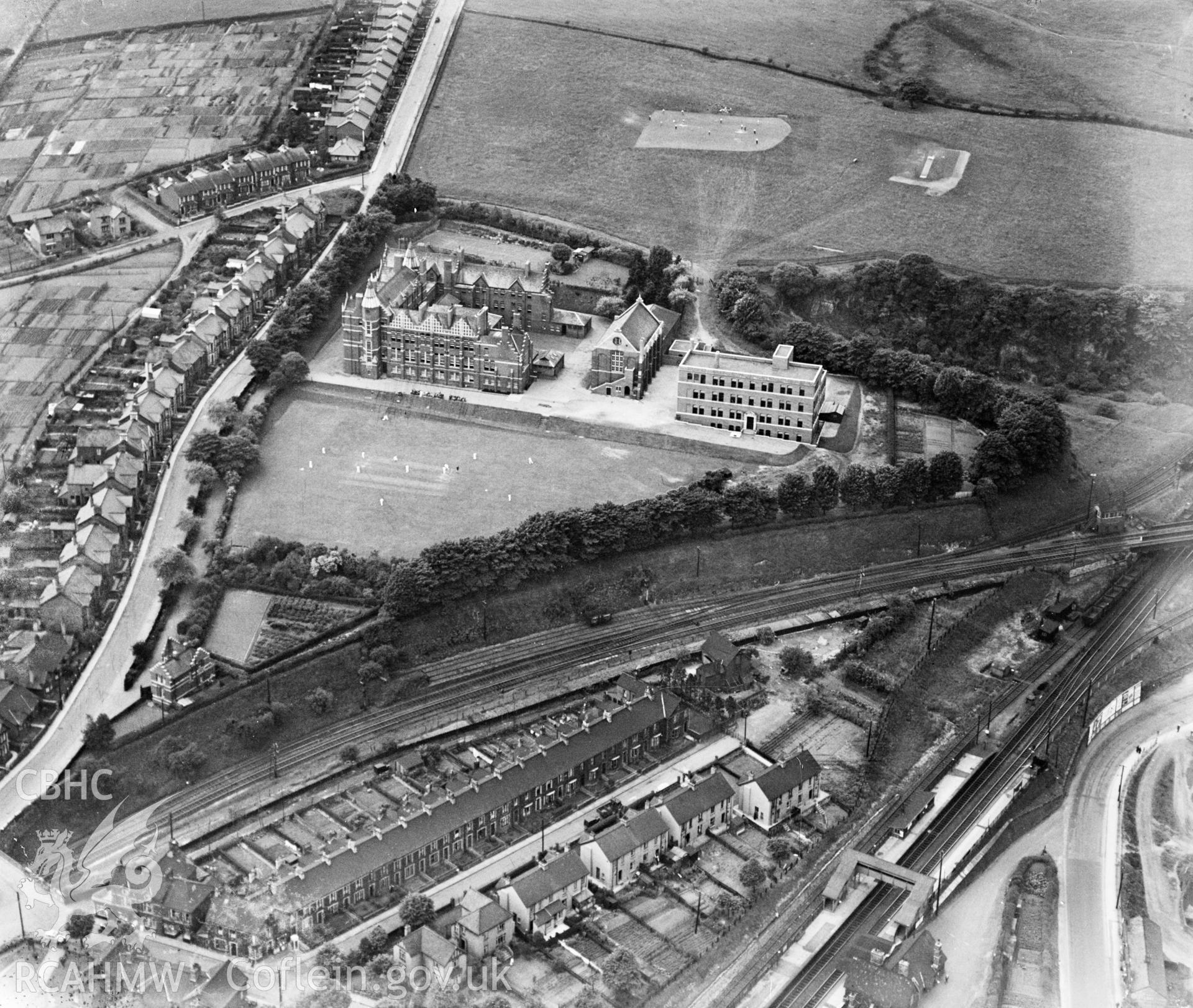 View of West Monmouth School, Pontypool, oblique aerial view. 5?x4? black and white glass plate negative.