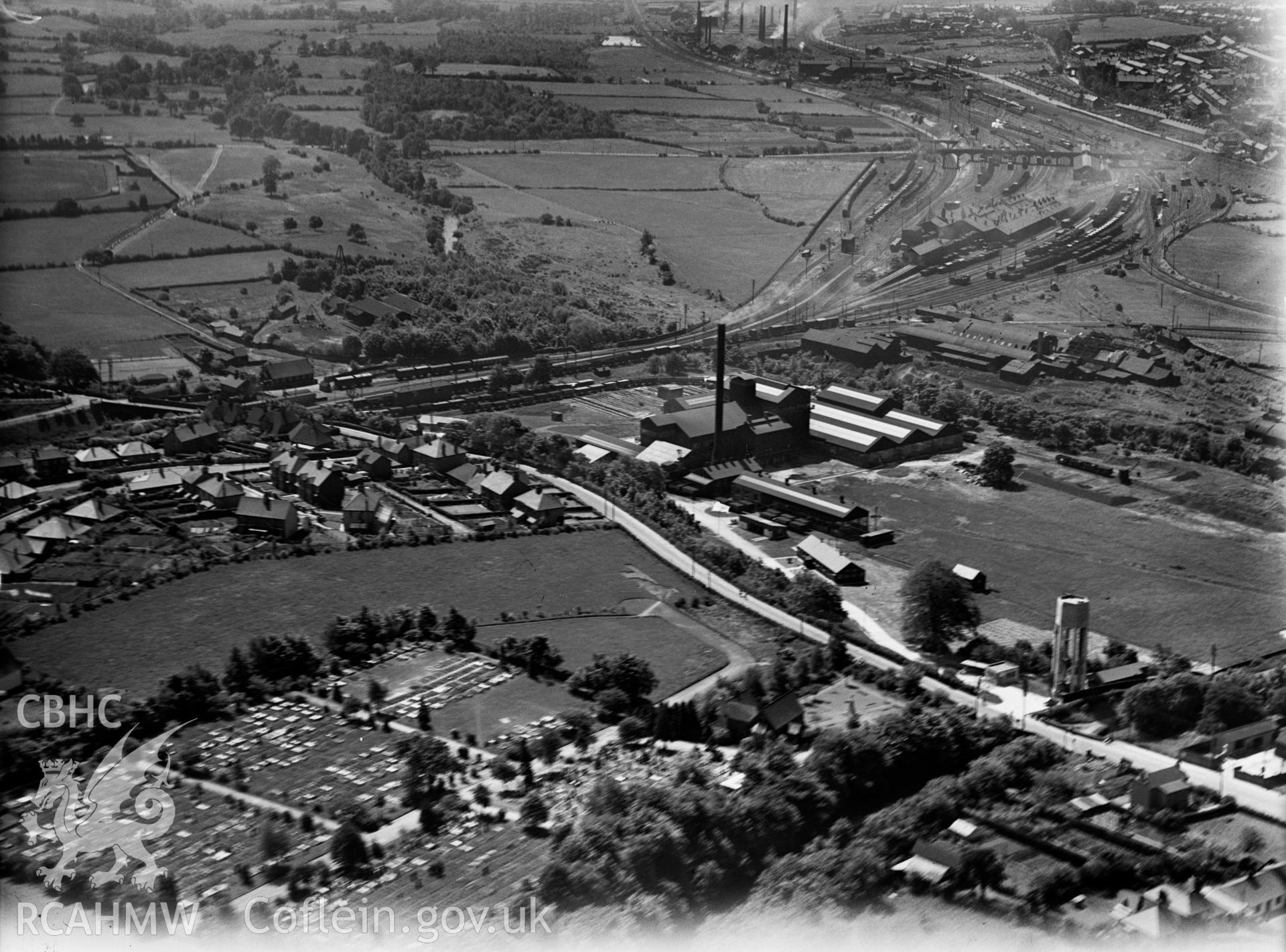 View of Pilkington Brothers Ltd., Pontypool Works, oblique aerial view. 5?x4? black and white glass plate negative.