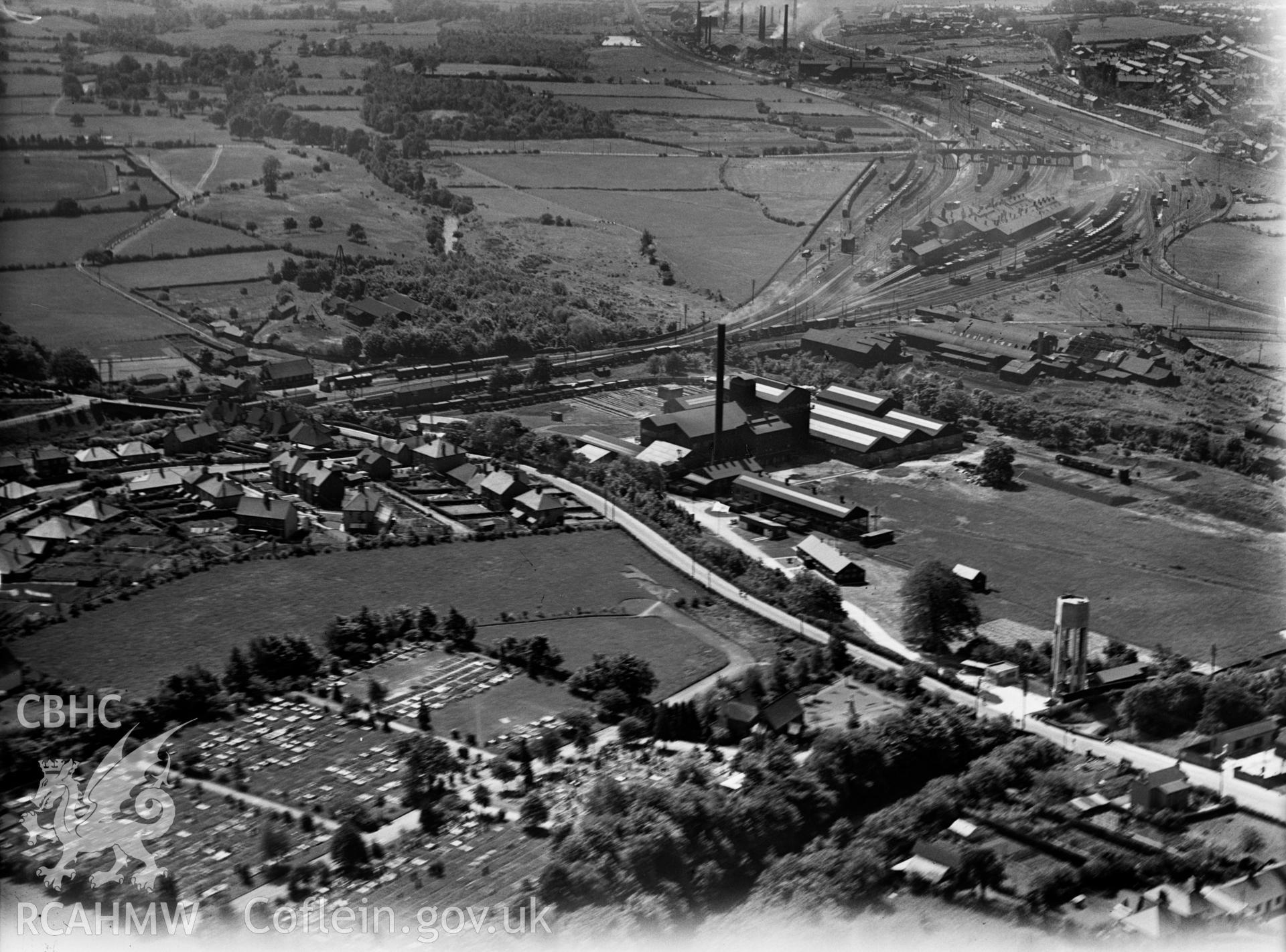 View of Pilkington Brothers Ltd., Pontypool Works, oblique aerial view. 5?x4? black and white glass plate negative.