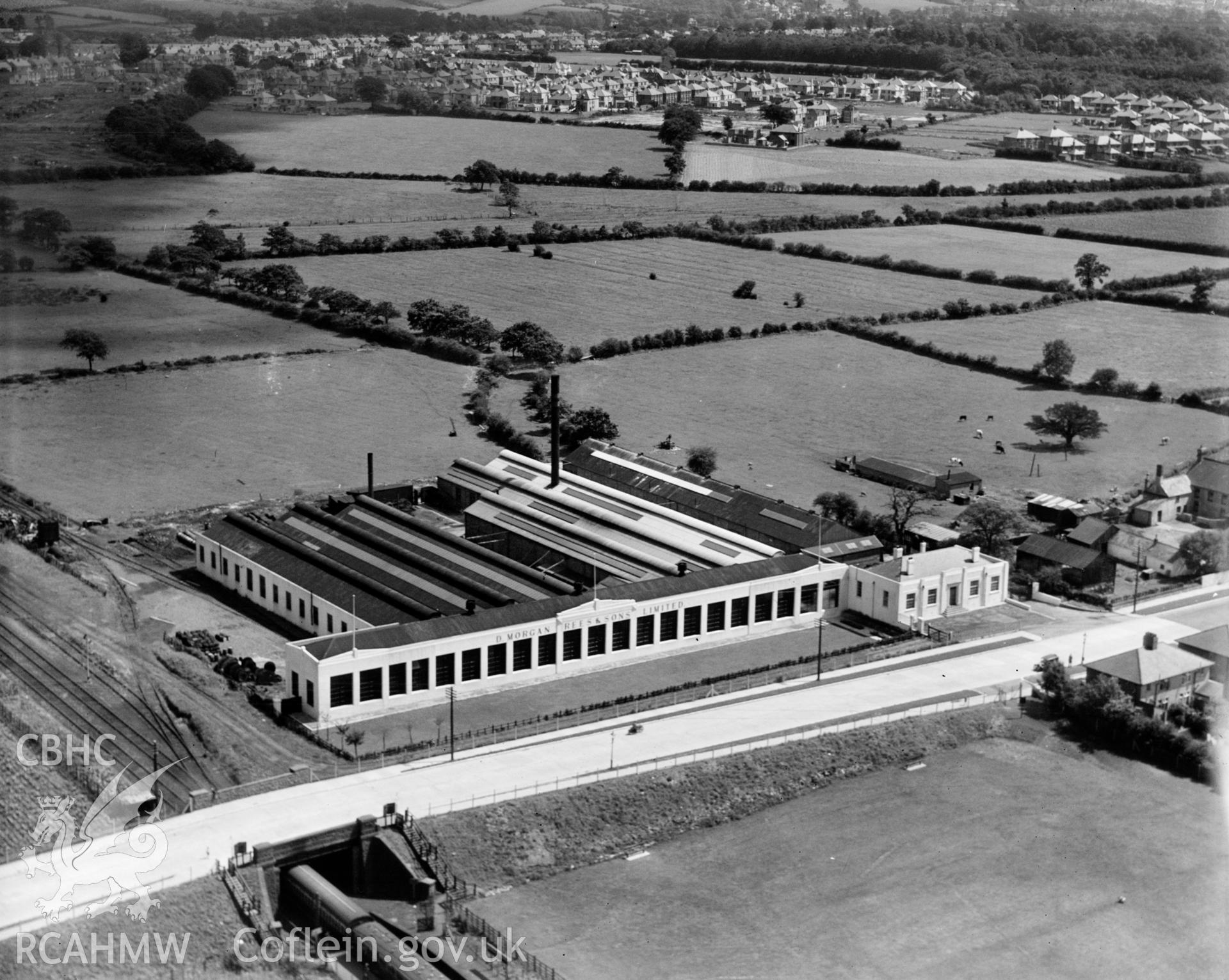 View of W. Morgan Rees & Sons Ltd. Works at Whitchurch, oblique aerial view. 5?x4? black and white glass plate negative.