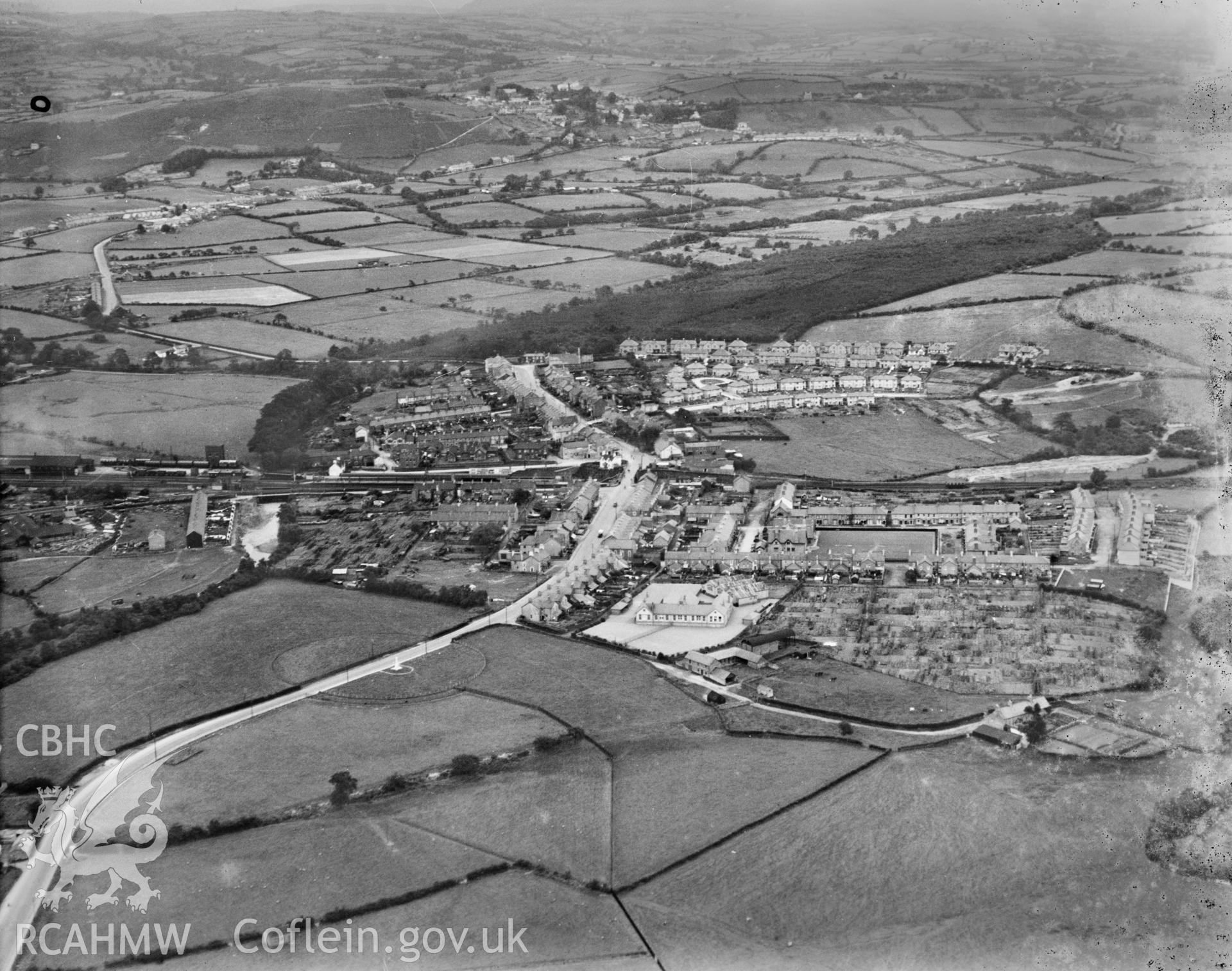 General view of Pontyclun, oblique aerial view. 5?x4? black and white glass plate negative.