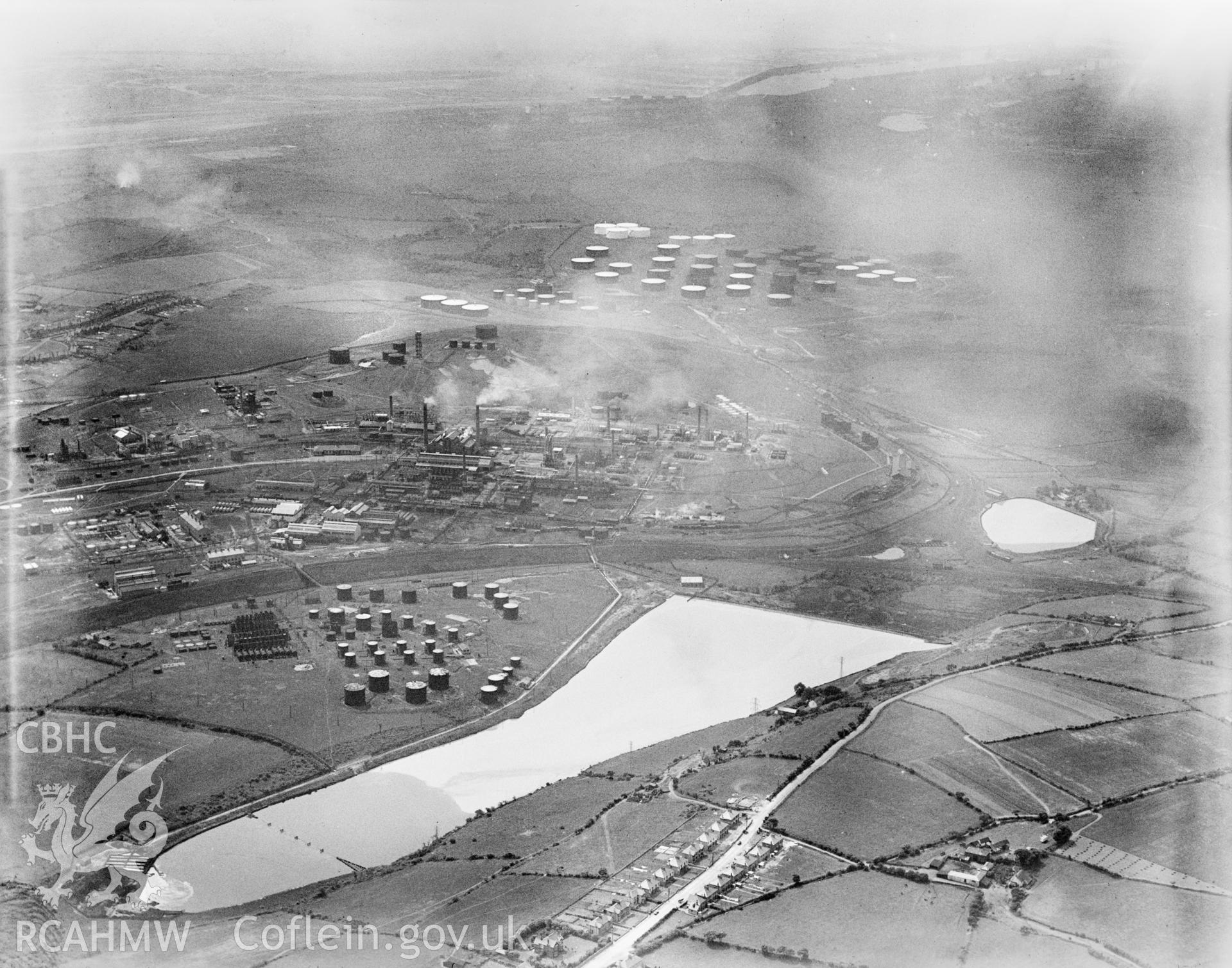 View of National Oil Refineries (Anglo-Persion) Llandarcy, oblique aerial view. 5?x4? black and white glass plate negative.