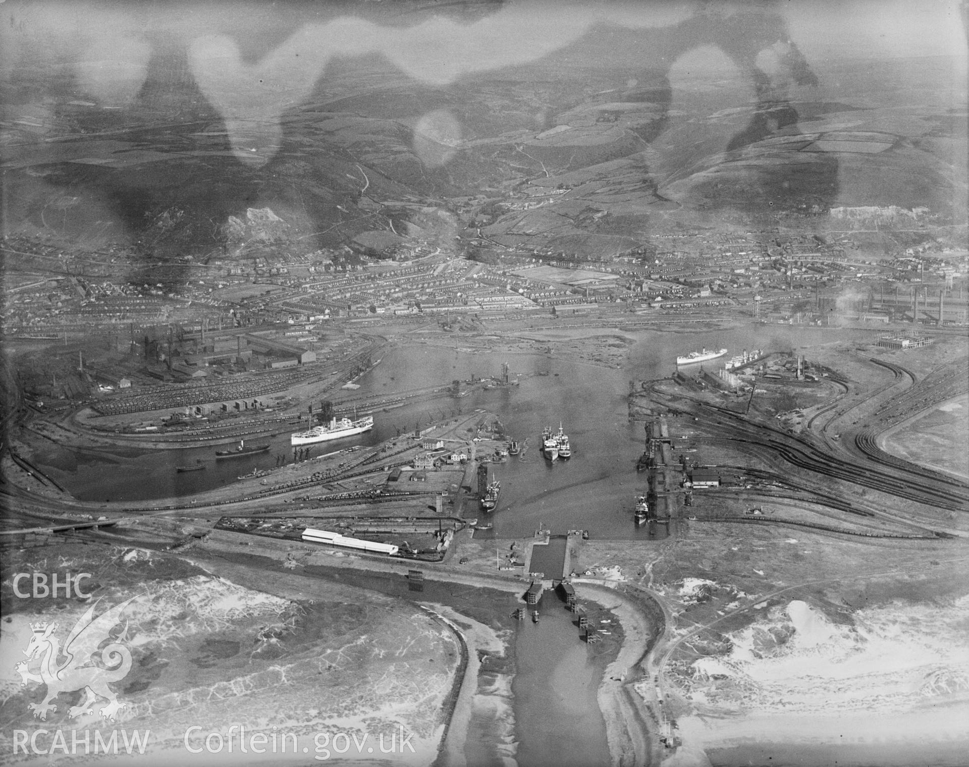 Port Talbot docks Great Western Railway, oblique aerial view.