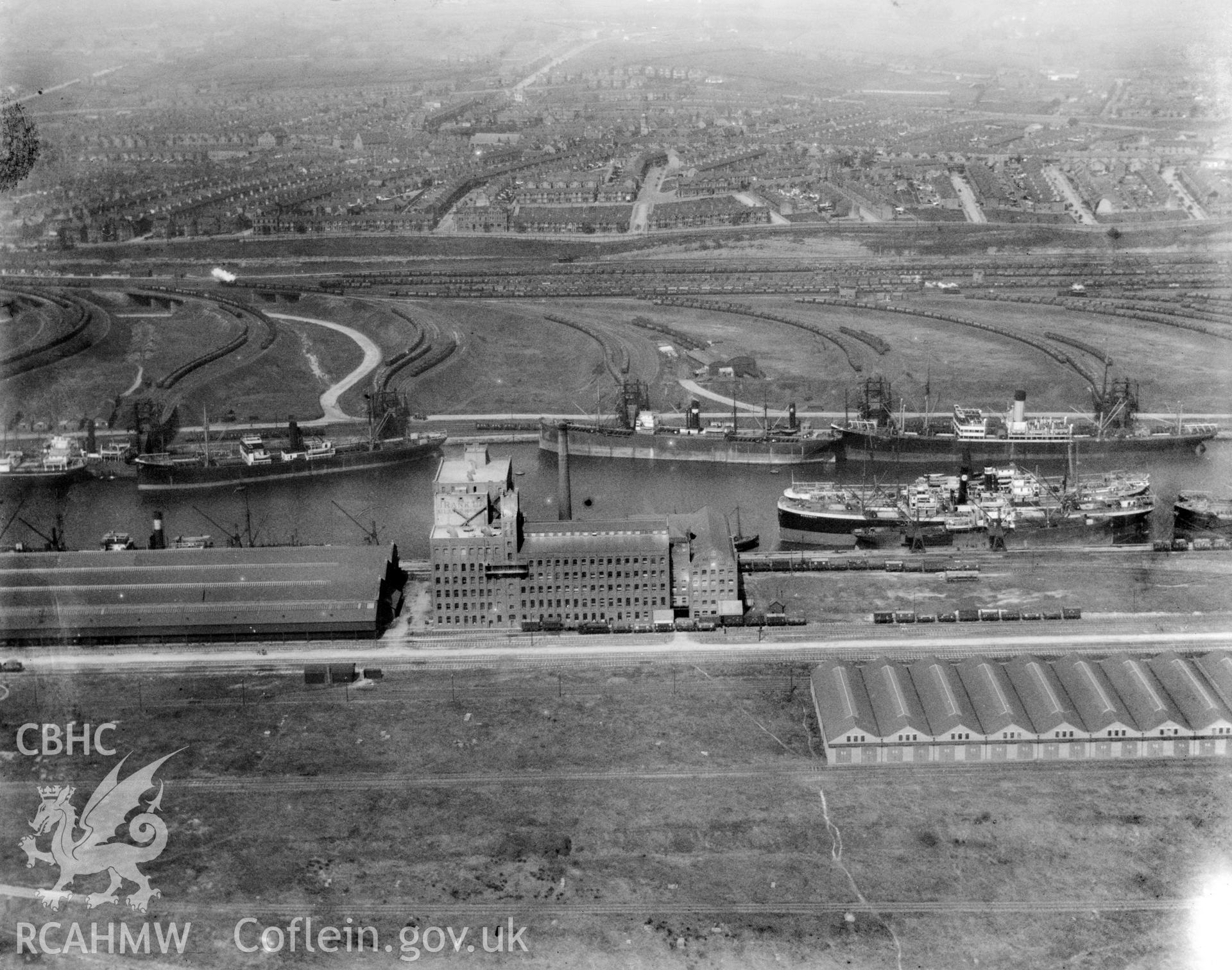 View of Rank Hovis Atlantic Mills at No. 2 Dock, Barry Docks. Oblique aerial photograph, 5?x4? BW glass plate.