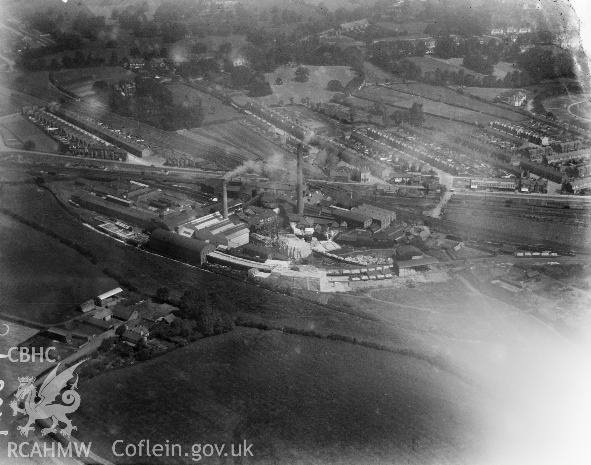 View of Ely Paper Works, Cardiff, oblique aerial view. 5?x4? black and white glass plate negative.