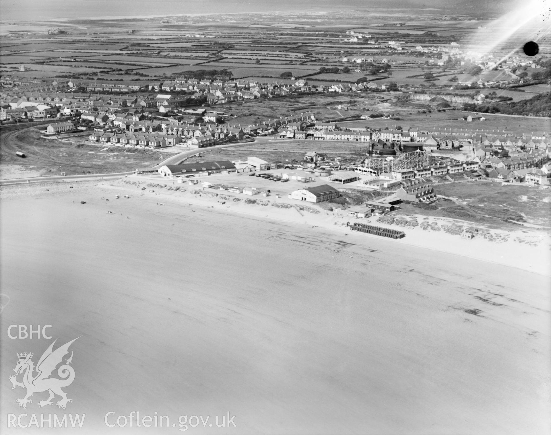 General view of Porthcawl, showing amusement park, oblique aerial view. 5?x4? black and white glass plate negative.